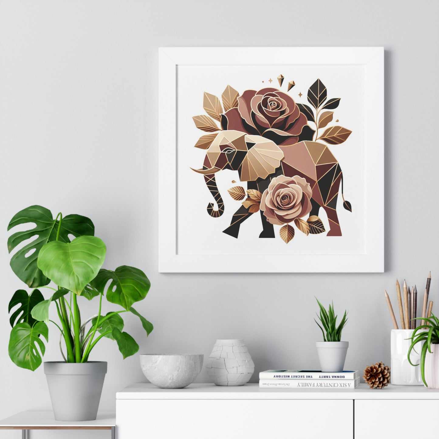 Vertical Poster - Brown & Gold Elephant & Roses Wall Art