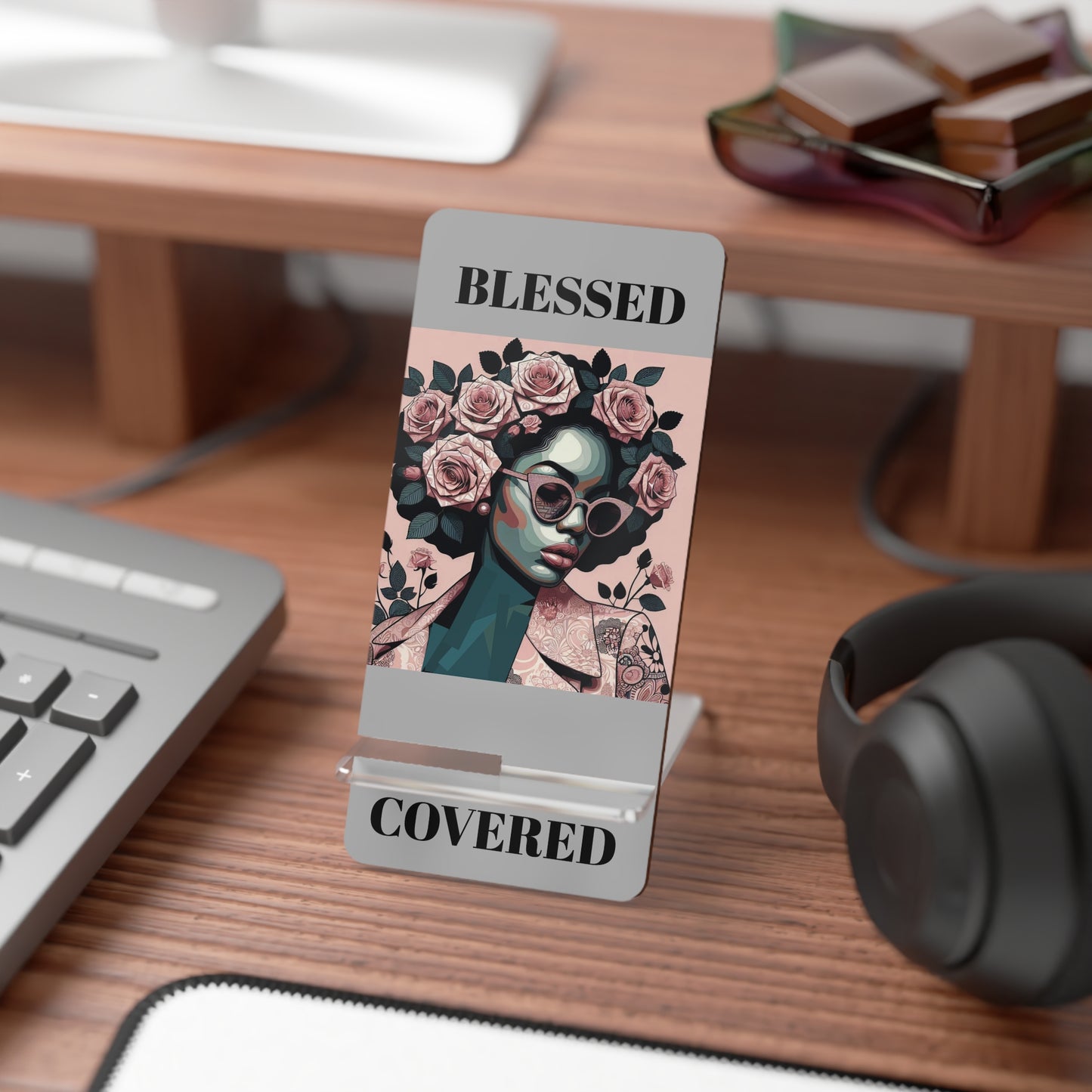 Stylish Smartphone Stand, Decor for Home Office, Gift for Tech Lovers, Blessing Inspired Mobile Display, Unique Phone Holder