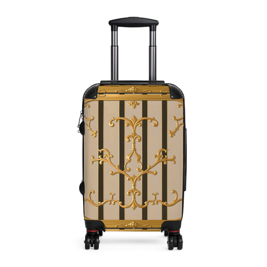 Elegant Travel Suitcase with Vintage Design, Stylish Luggage for Adventurers, Holiday Travel Gear - Beige Striped Gold Rococo