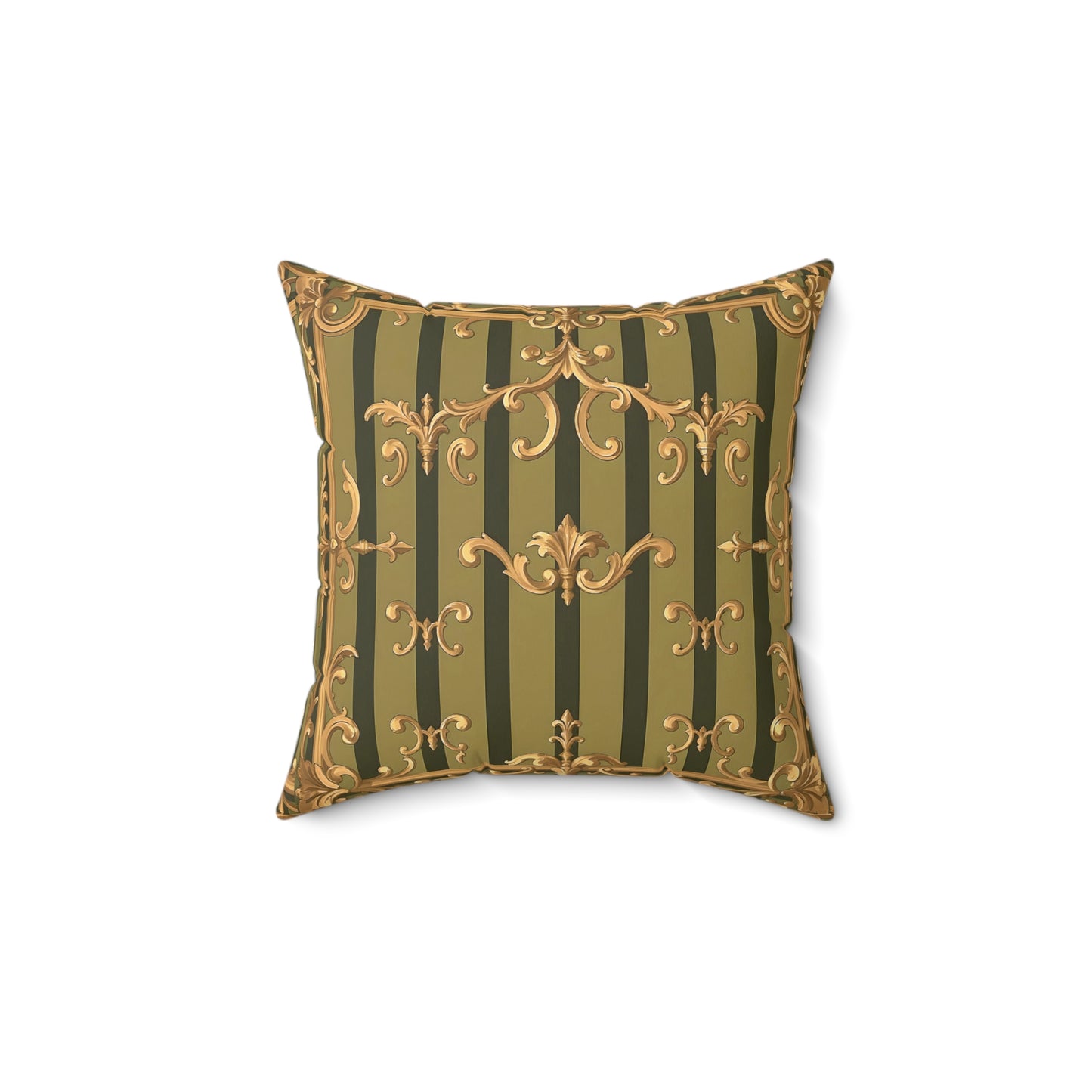 Elegant Faux Suede Square Pillow with Antique Gold Pattern, Decorative Cushion for Home Decor - Olive Green Striped Rococo