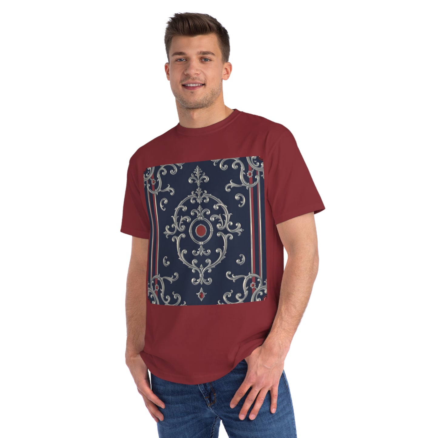 Vintage Pattern Organic Unisex T-Shirt | Baroque Style Tee, Casual Wear, Unique Gift, Eco-Friendly Fashion - Blue & Red Striped Silver Baroque