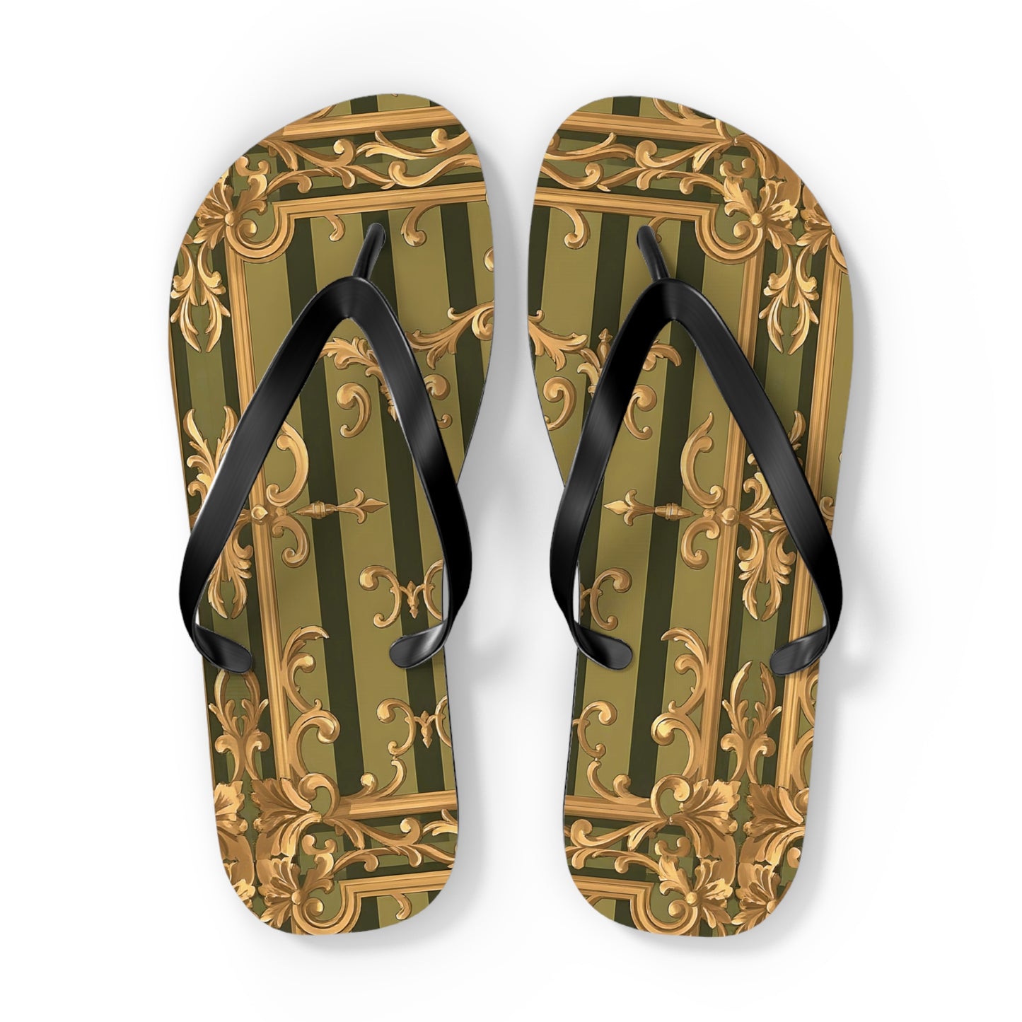 Elegant Floral Flip Flops, Summer Sandals, Beach Footwear, Vacation Essentials, Gift for Her, Outdoor Adventures - Olive Green Striped Rococo