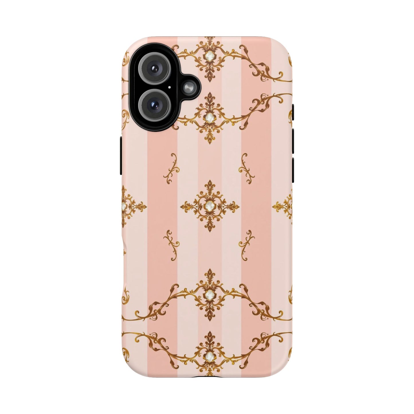 Elegant Floral Phone Case, Tough Cases for Women, Trendy Phone Cover, Chic Gift - Pink Jeweled Striped Gold Baroque