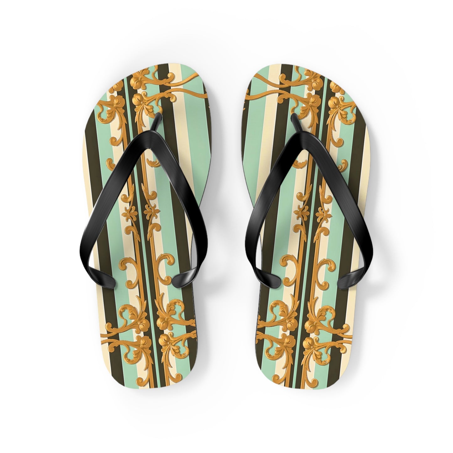 Elegant Patterned Flip Flops, Summer Sandals, Vacation Footwear, Beach Day Slippers, Festival Essentials - Black & Matte Mint Striped Rococo