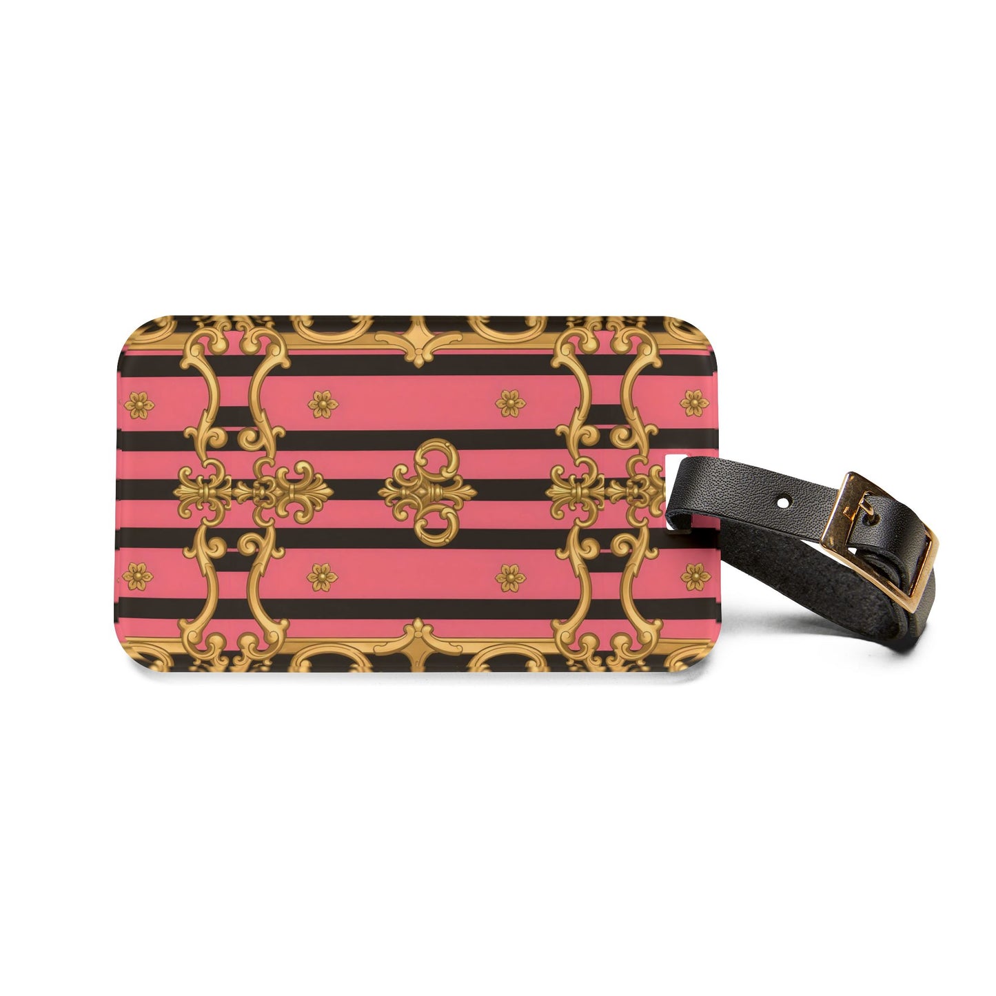 Chic Vintage Luggage Tag, Travel Accessory, Personalized Gift, Vacation Essential - Pink & Black Striped Gold Baroque