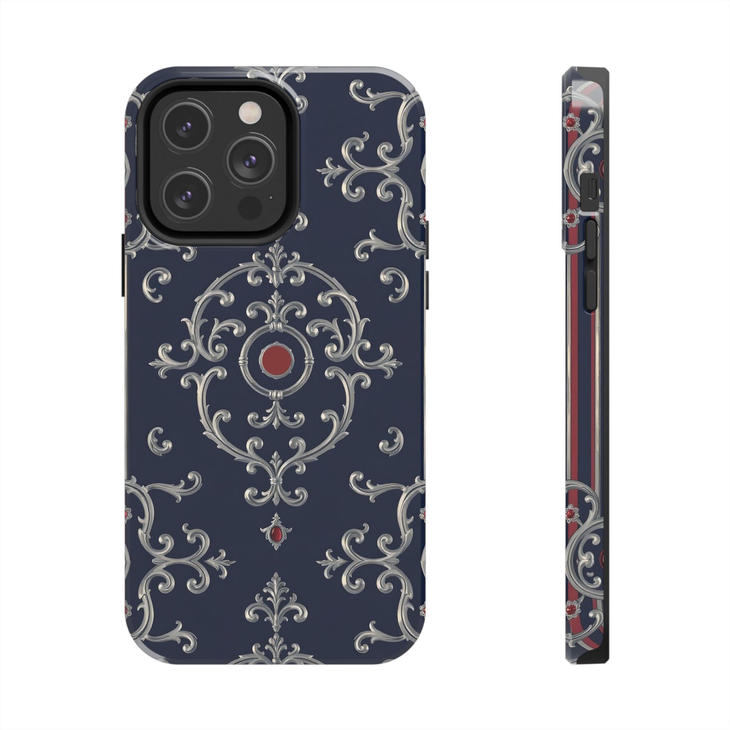 Elegant Patterned Tough Phone Cases for Stylish Protection, Gift for Her, Unique Accessories - Blue & Red Striped Silver Baroque