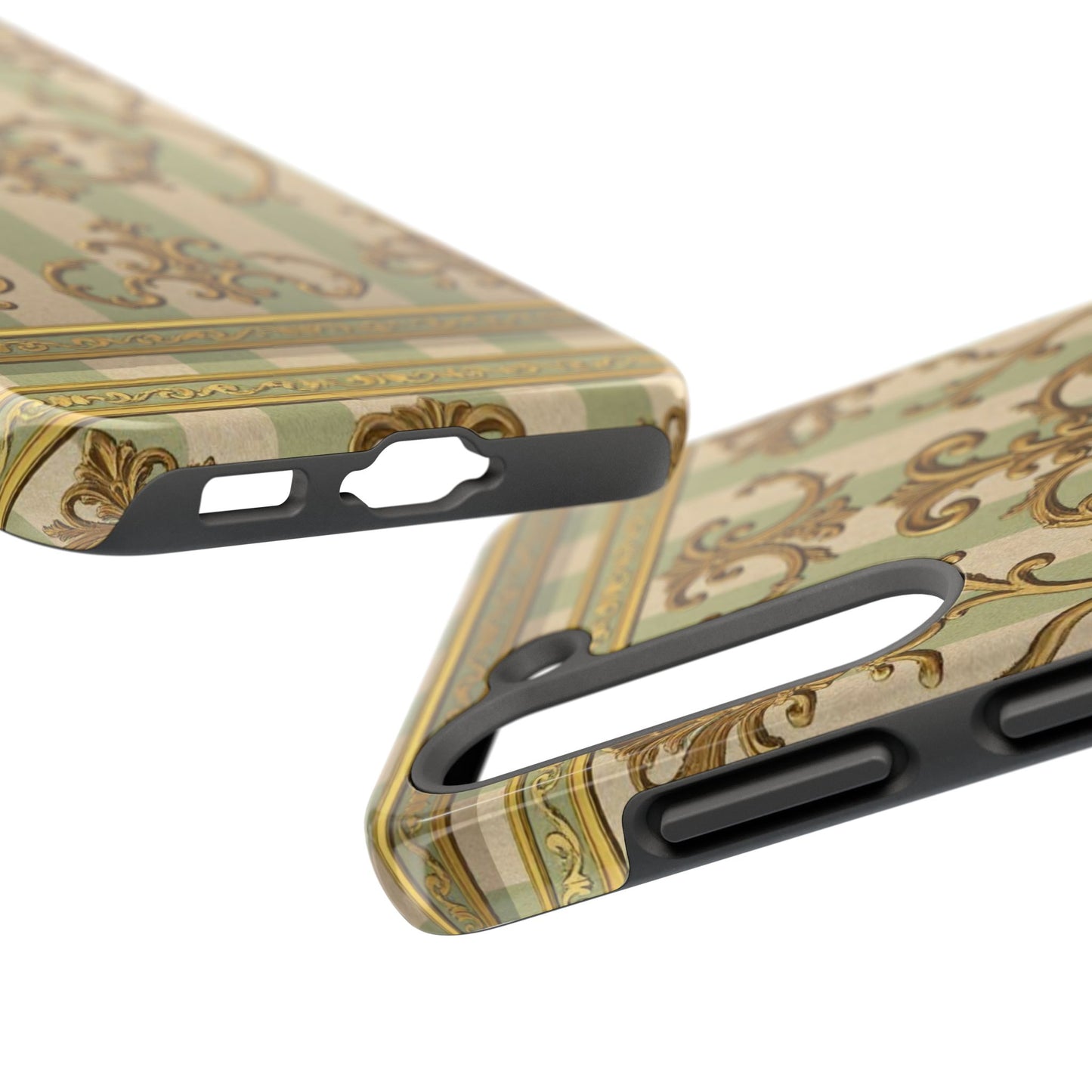 Vintage Elegance Phone Case, Tough Phone Cases for Style, Gift for Birthdays, Stylish Protection - Mint Green & Beige Striped Gold Baroque