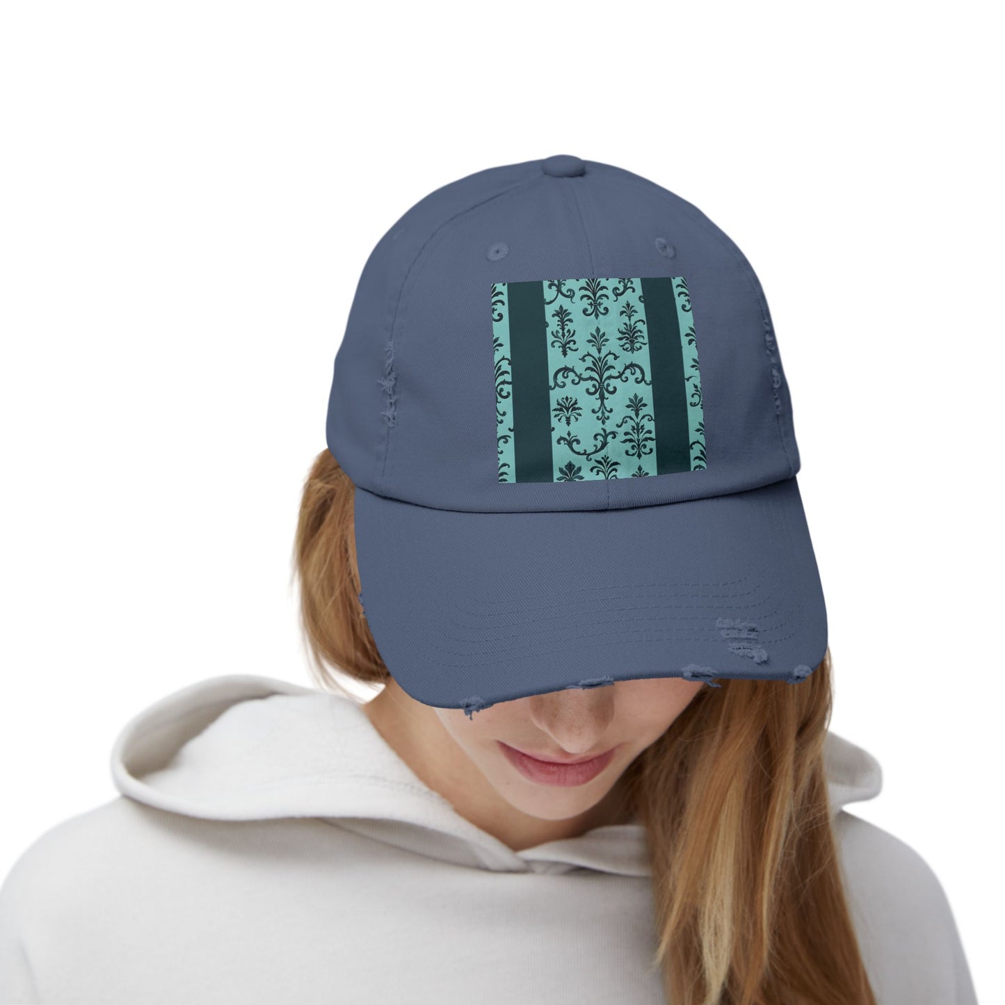 Vintage-Inspired Distressed Cap, Cool Baseball Hat, Casual Headwear, Summer Accessory, Gift for Him Her - Teal Striped Rococo