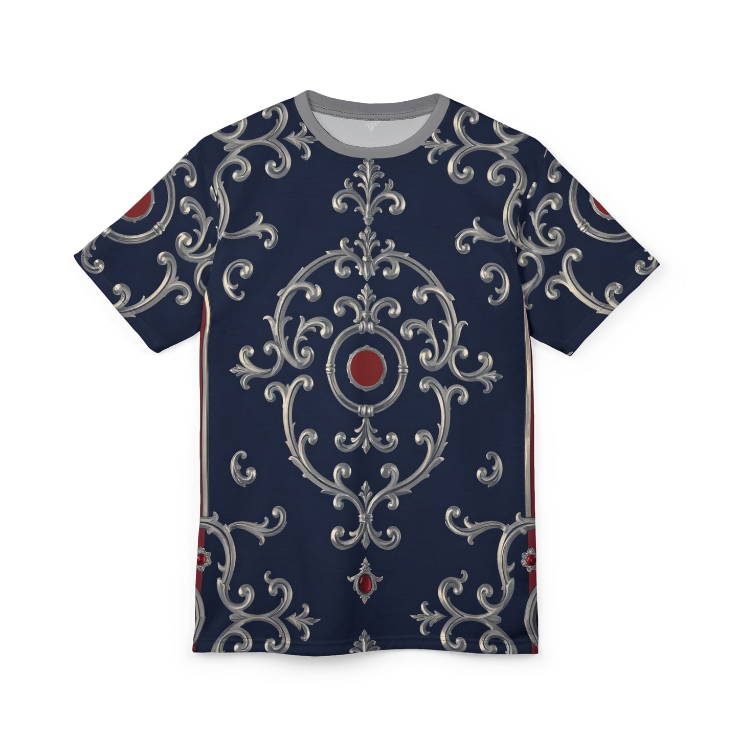Elegant Unisex Cut & Sew Tee, Stylish AOP T-Shirt for Casual Wear, Unique Graphic Tee - Blue & Red Striped Silver Baroque
