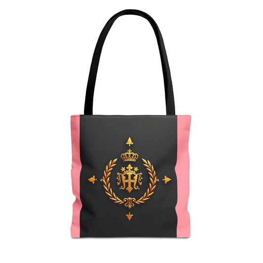 Elegant Monogrammed Tote Bag - Chic Shopper, Eco-Friendly Carryall, Personalized Gift, Stylish Accessory - Pink Striped Gold Crest