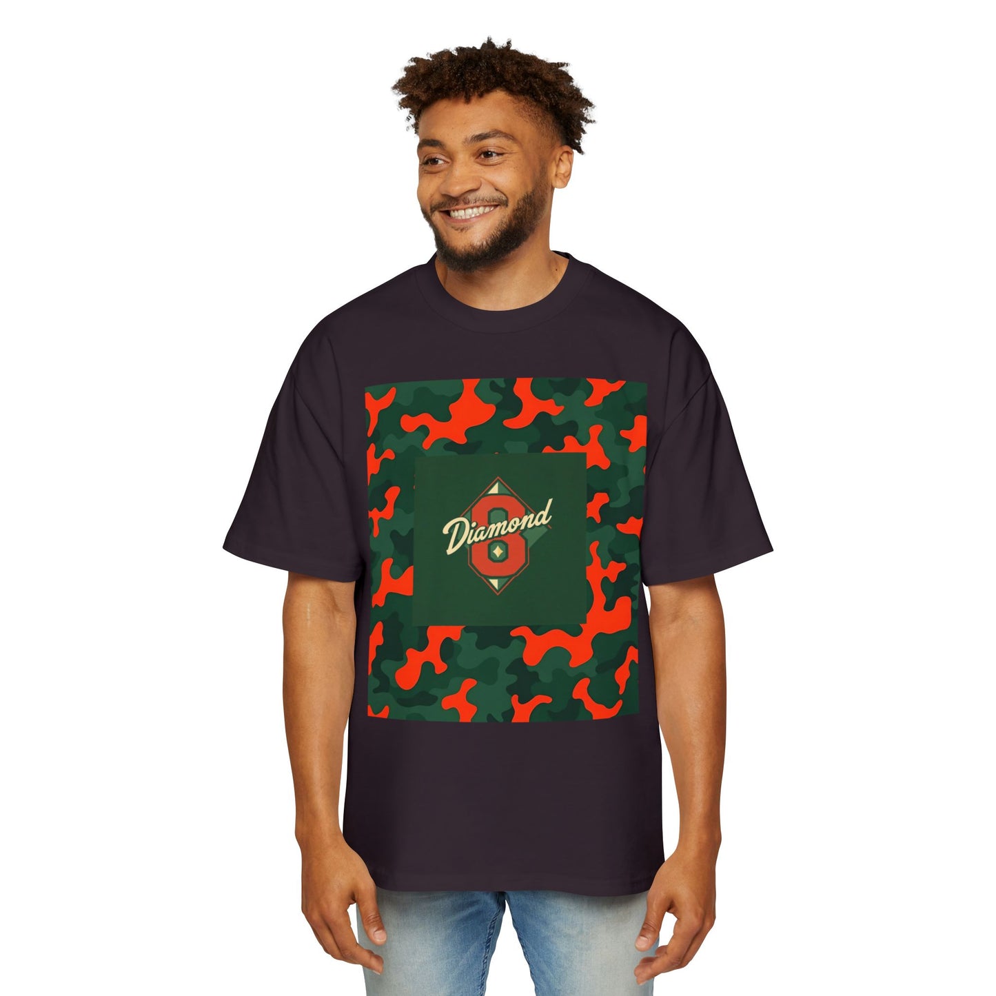 Men's Heavy Oversized Camouflage Tee, Casual Streetwear Shirt, Graphic T-Shirt, Comfortable Everyday Wear, Gift for Him - Green & Orange Camo Diamond 8