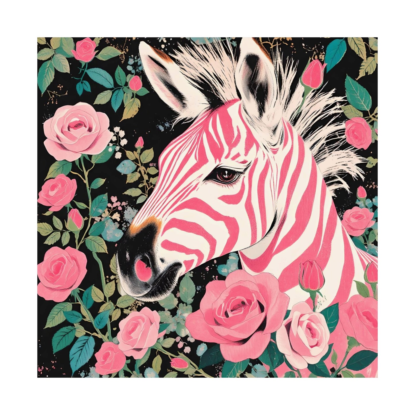 Floral Art Poster - Elegant Matte Vertical Wall Decor - Pink & White Zebra