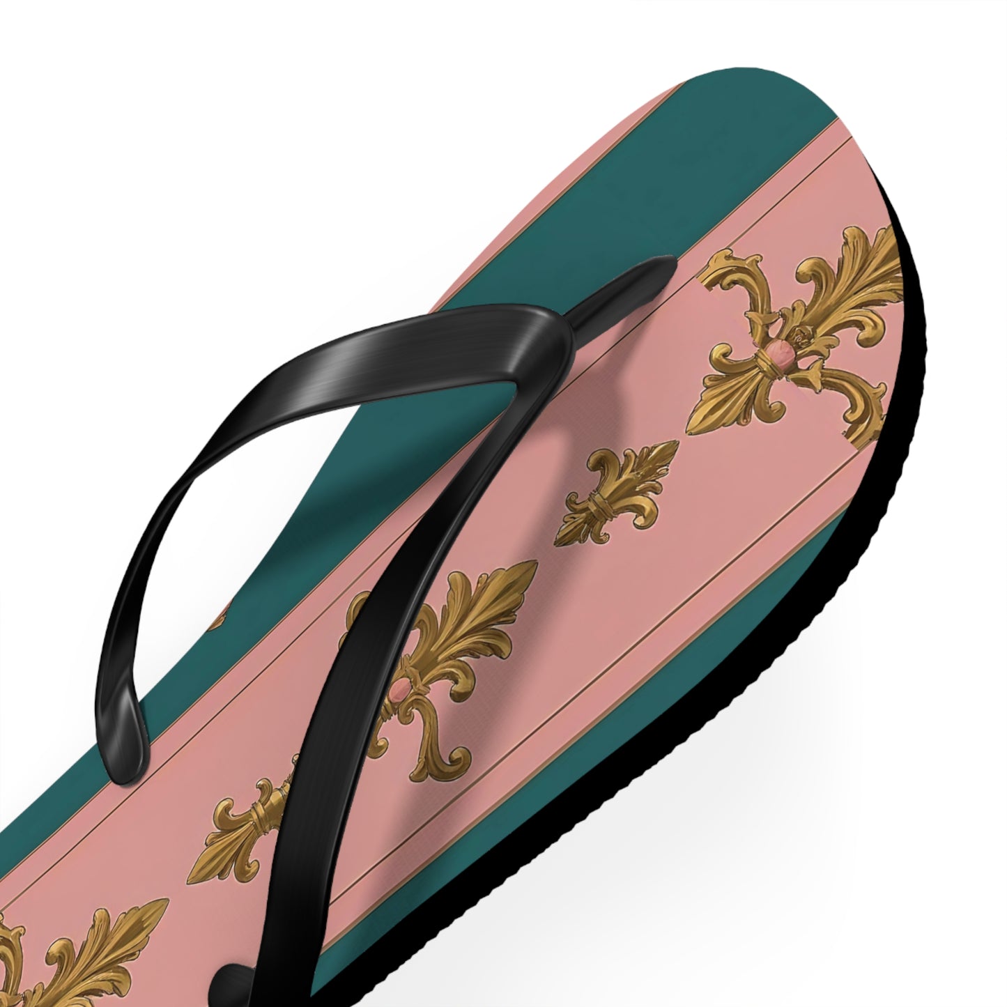 Chic Floral Flip Flops, Summer Sandals, Beach Footwear, Vacation Slides, Stylish Summer Accessories - Pink & Teal Striped Gold Baroque
