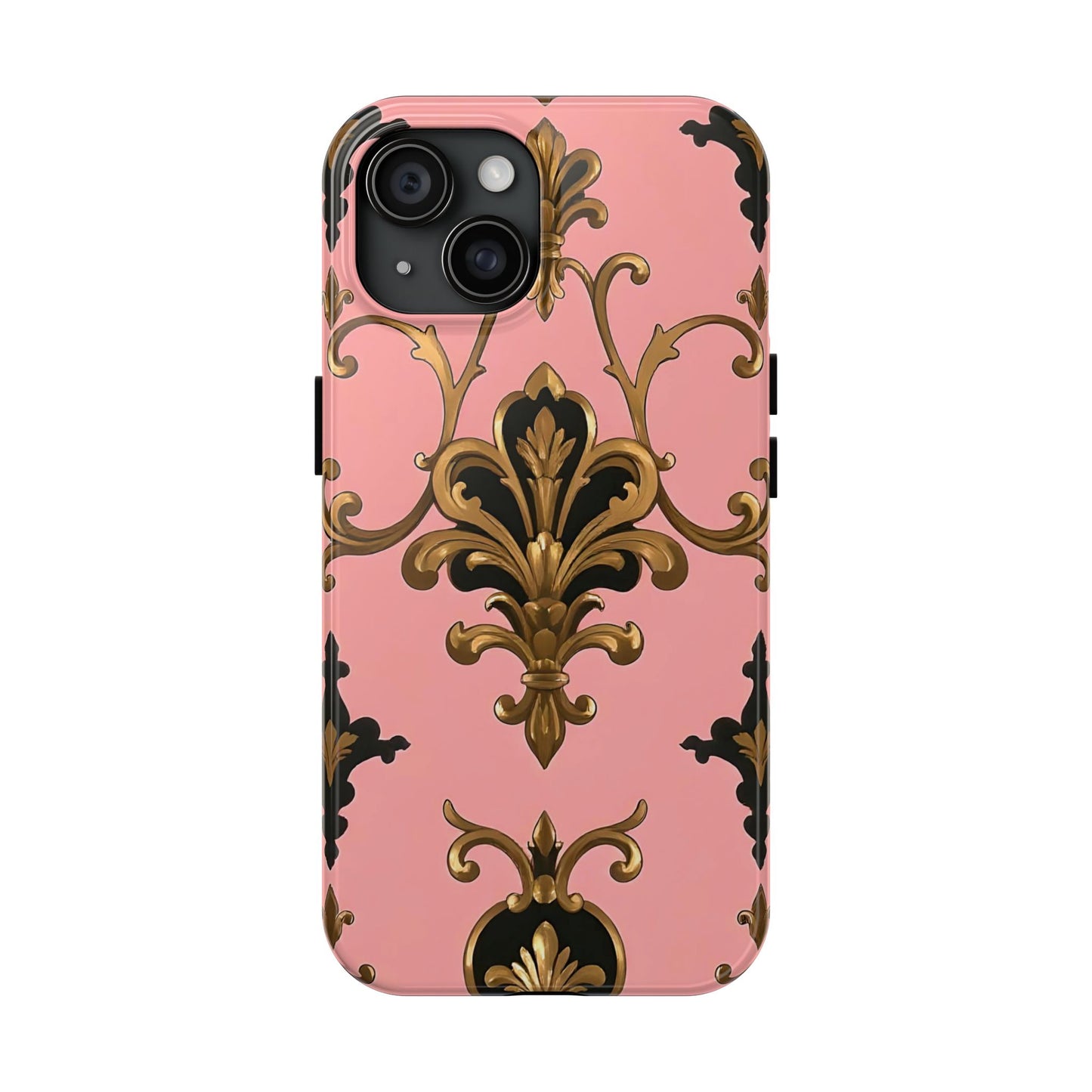 Chic Tough Phone Cases with Floral Design, Elegant Phone Cover, Durable Smartphone Case, Stylish Tech Accessory - Pink, Black & Gold Rococo