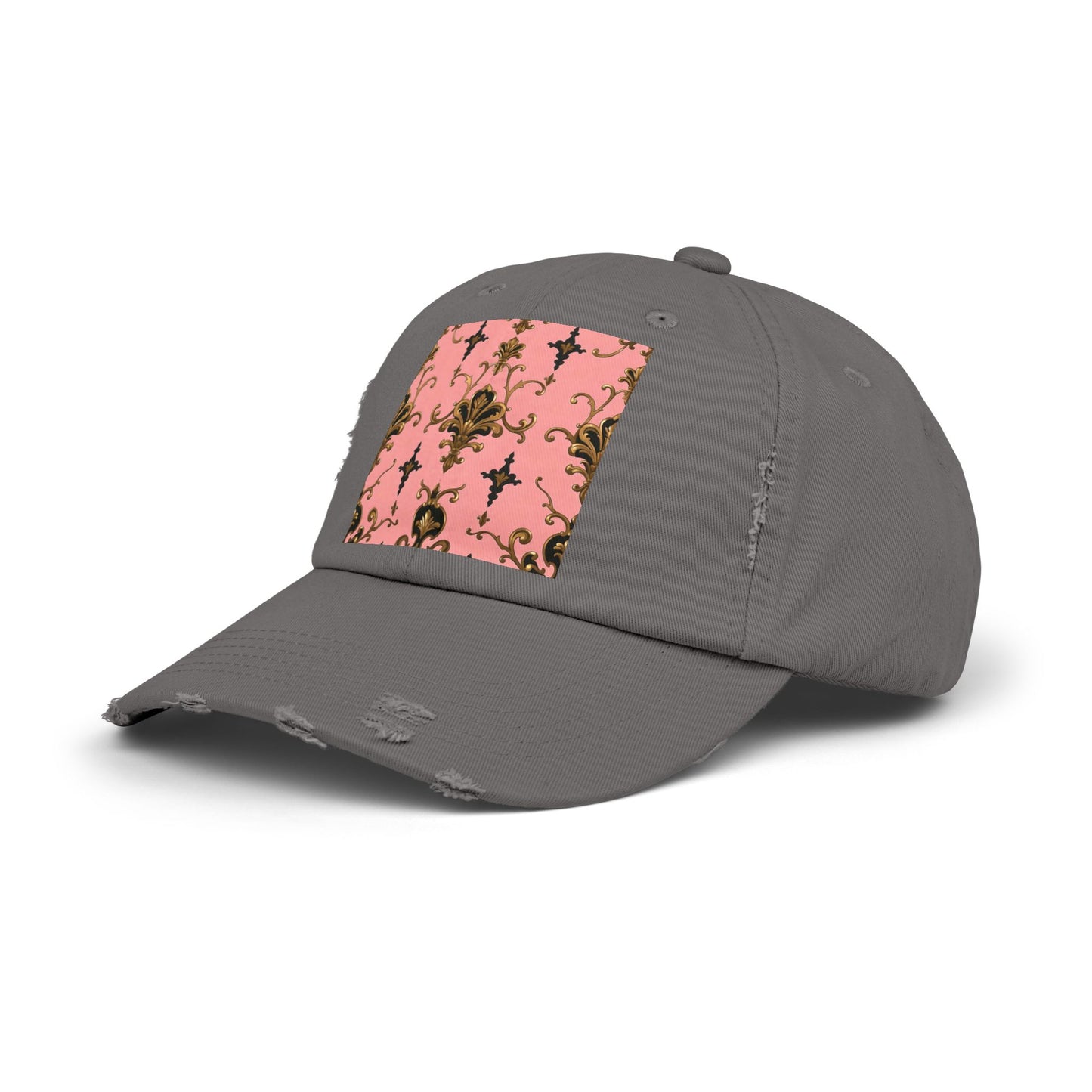 Chic Distressed Cap, Fashionable Baseball Hat, Casual Summer Headwear - Pink, Black & Gold Rococo