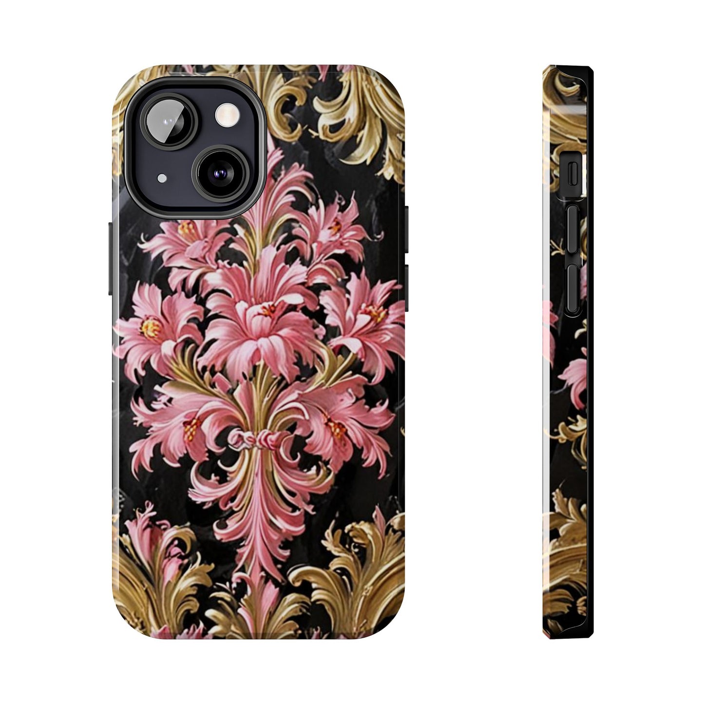 Elegant Floral Tough Phone Cases | Stylish Protection for Her | Gift for Birthdays - Black & Pink Oil Painting Style Rococo