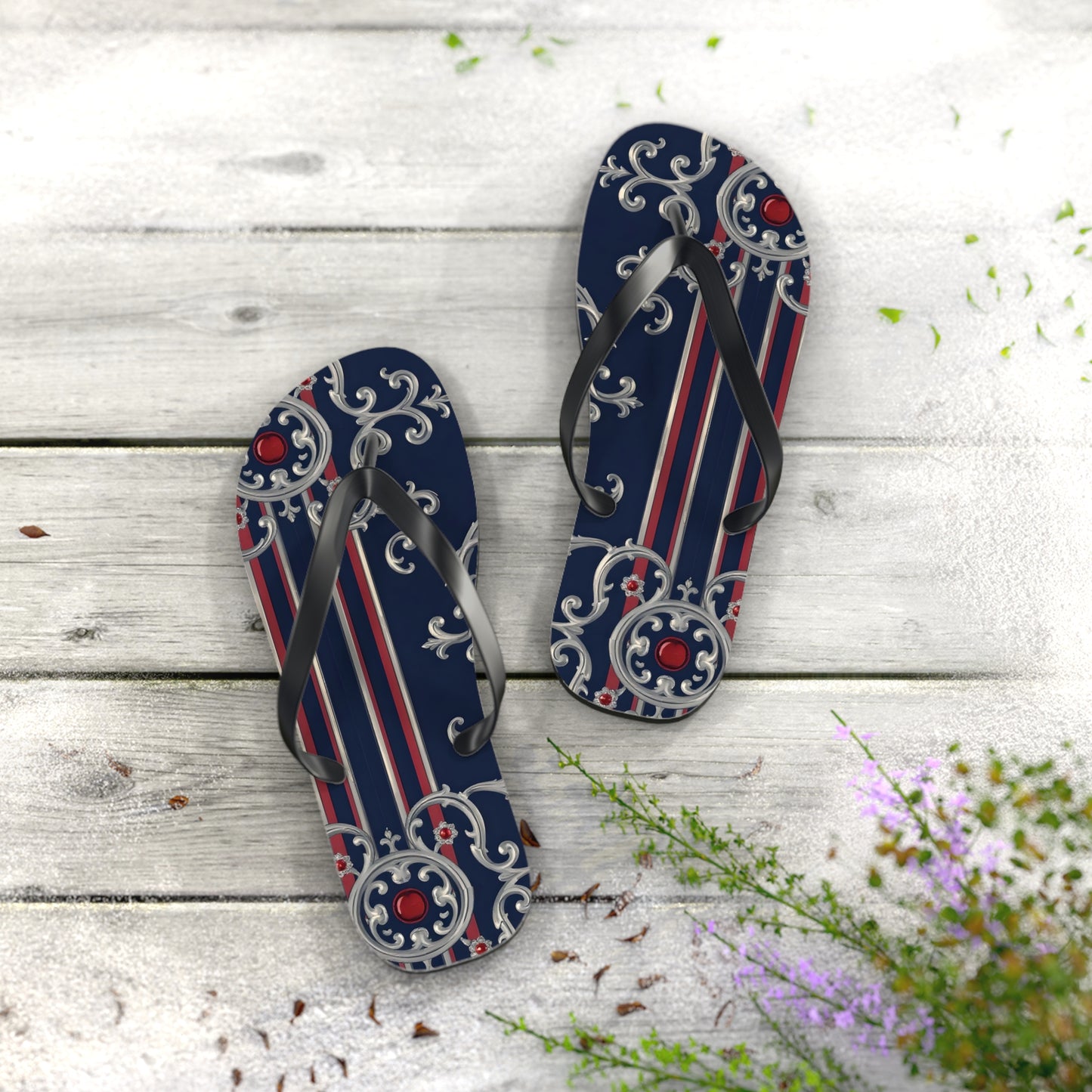 Elegant Nautical Flip Flops | Perfect for Beach Days, Summer Parties, Travel, Vacation, Poolside Relaxation - Blue & Red Striped Silver Baroque