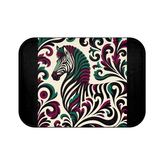 Elegant Vintage Bath Mat with Ornate Design for Luxurious Home Decor - Burgundy & Green Zebra Damask Design