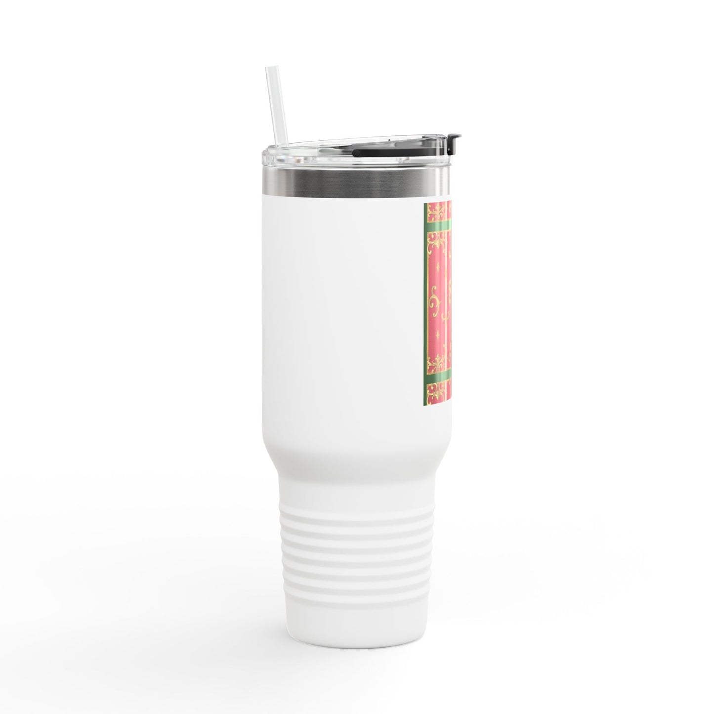 Elegant Insulated Green Border Pink Striped Baroque Travel Mug, 40oz with Baroque Design - Perfect for Gifting, Coffee, Tea, Gift for Her