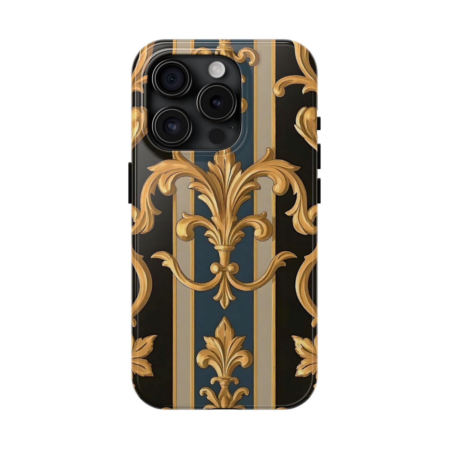 Elegant Rococo Phone Cases, Tough iPhone Case, Floral Design Case, Luxury Phone Cover - Blue & Black Striped Rococo