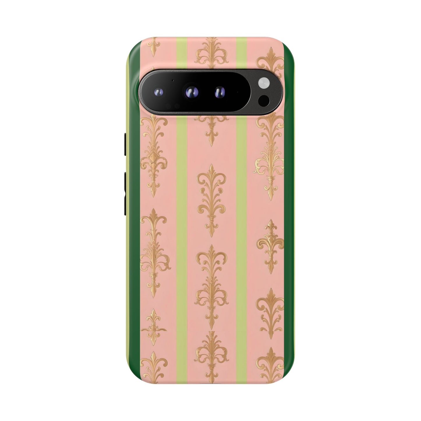 Elegant Floral Motif Phone Case - Tough Cases with Vintage Design - Lime Green & Pink Striped Damask