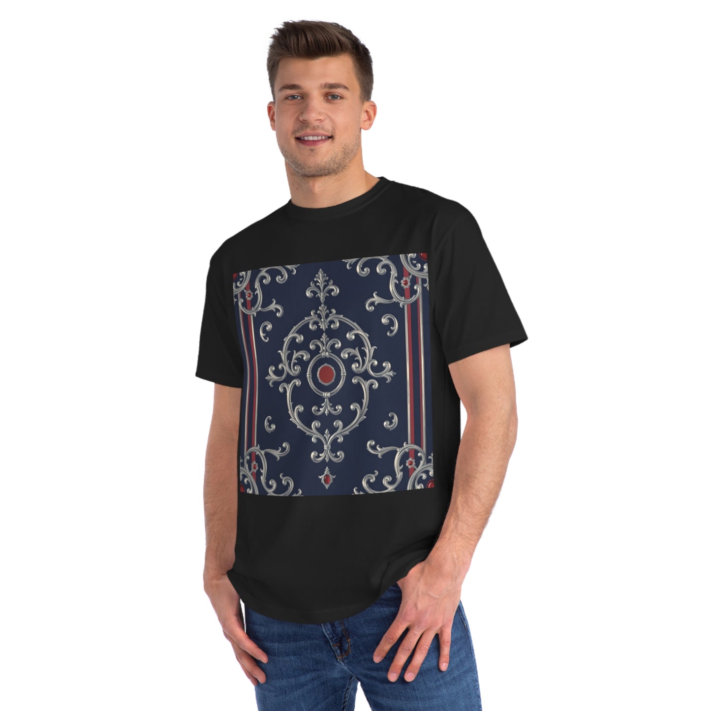Vintage Pattern Organic Unisex T-Shirt | Baroque Style Tee, Casual Wear, Unique Gift, Eco-Friendly Fashion - Blue & Red Striped Silver Baroque