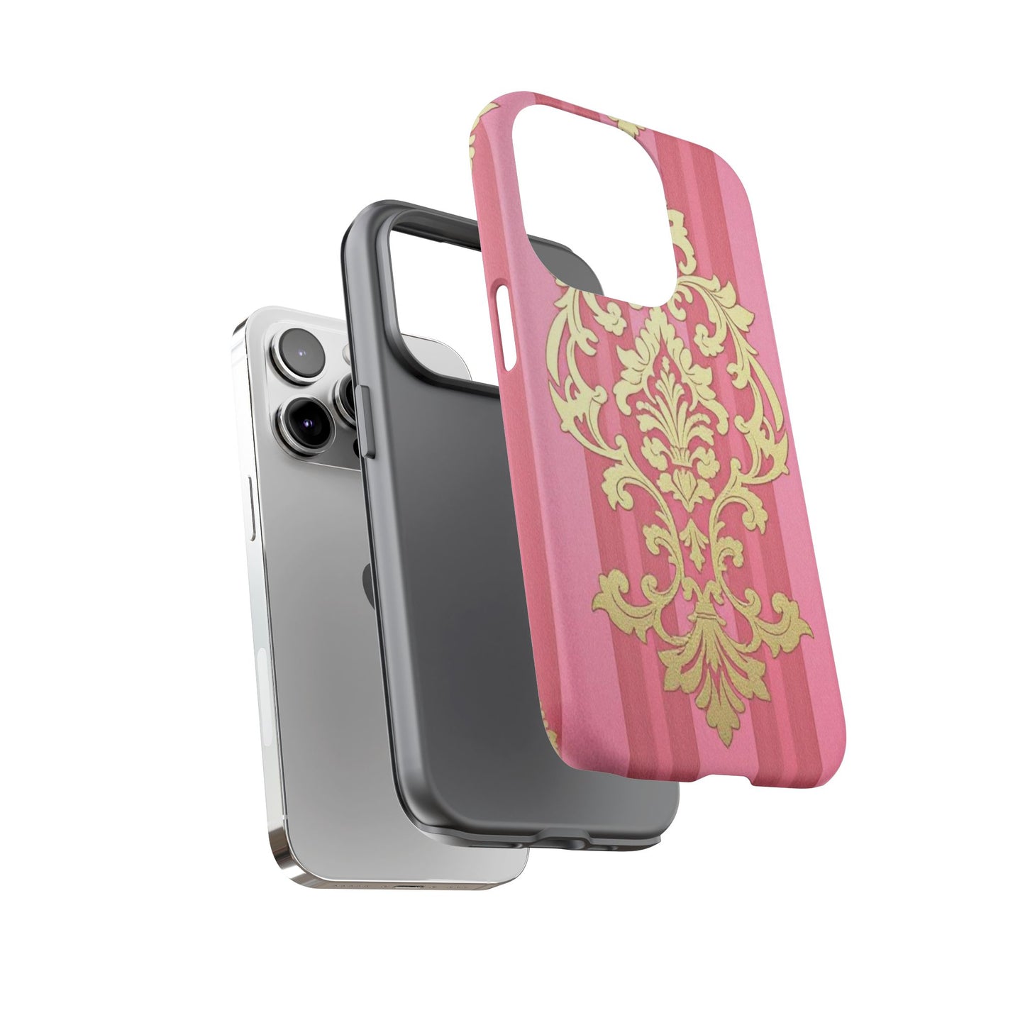 Elegant Floral Motif Phone Case - Tough Cases with Vintage Design - Pink Striped Damask