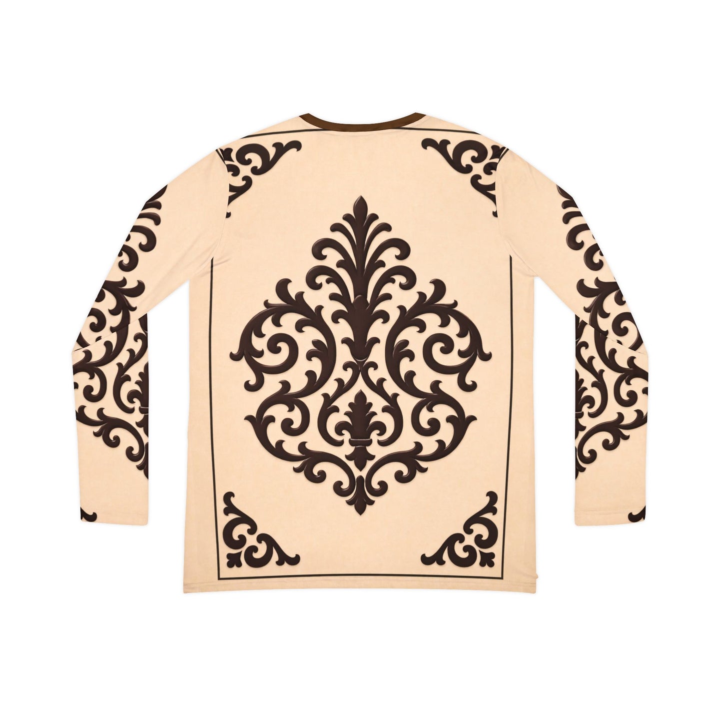 Almond-Beige & Brown Baroque V-Neck Long Sleeve Shirt — Elegant Baroque Pattern