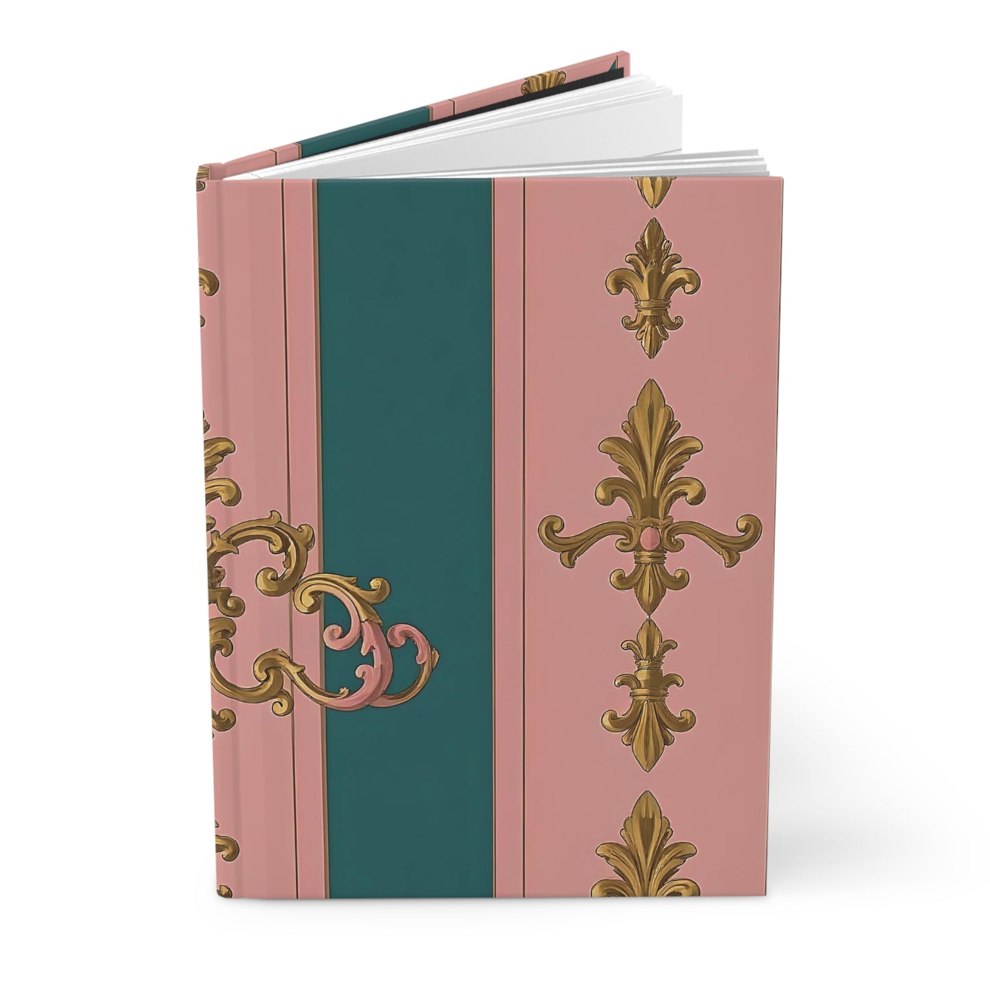 Elegant Vintage Hardcover Journal | Artistic Writing Notebook, Personal Diary, Gift for Writers - Pink & Teal Striped Gold Baroque