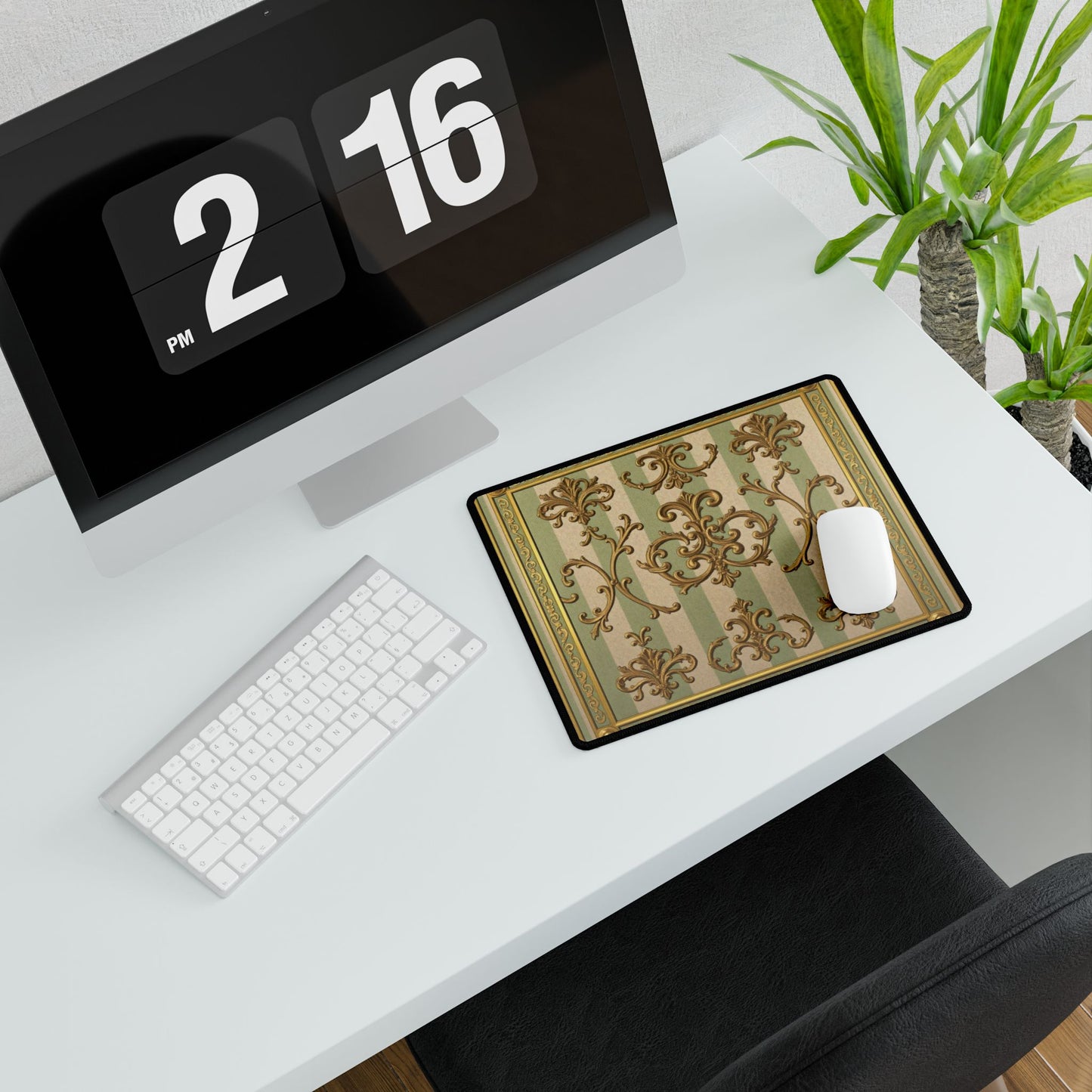 Elegant Vintage Desk Mat, Luxurious Desk Pad for Home Office, Stylish Keyboard Mat, Computer Mouse Pad - Mint Green & Beige Striped Gold Baroque