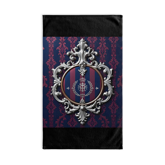 Elegant Baroque Hand Towel, Luxe Bathroom Decor, Unique Gift for Housewarming, Soft Cotton Towel - Blue & Plum Striped Silver Crest
