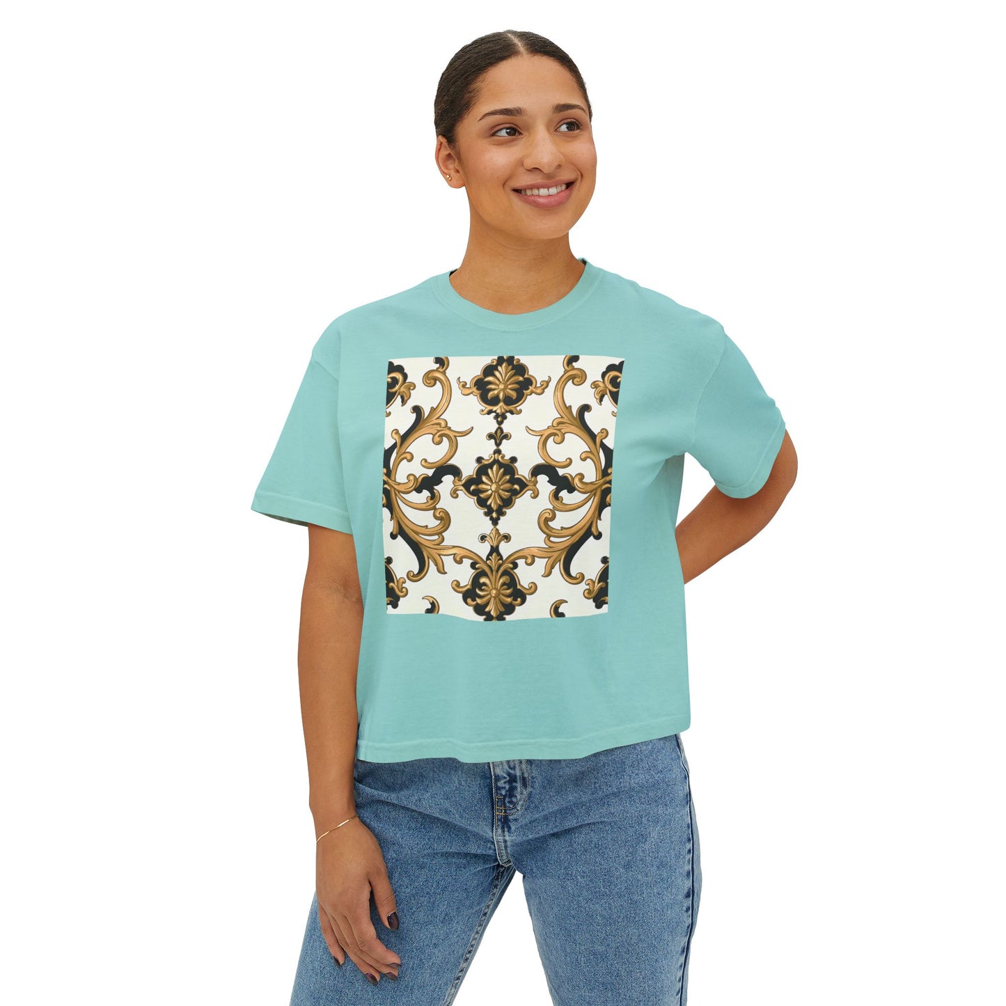 Chic Floral Women's Boxy Tee, Casual Fashion Top, Spring/Summer Essential, Relaxed Fit Tee, Vintage-Inspired Shirt - Black & Gold Rococo