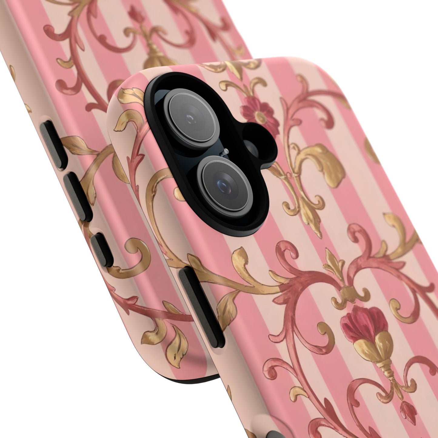 Elegant Floral Motif Phone Case - Tough Cases with Vintage Design - Pink Striped Rose Gold Damask
