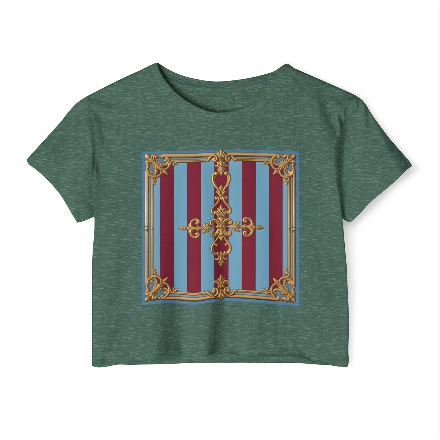 Women's Baroque Festival Crop Top, Summer Crop Tee, Casual Festival Wear, Concert Top, Eco-Friendly Fashion - Sky Blue & Maroon Striped Baroque