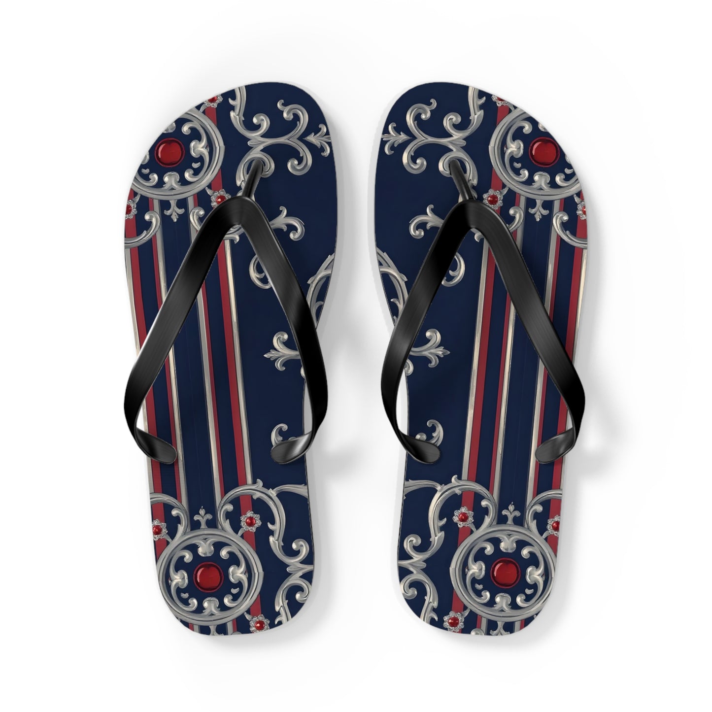 Elegant Nautical Flip Flops | Perfect for Beach Days, Summer Parties, Travel, Vacation, Poolside Relaxation - Blue & Red Striped Silver Baroque