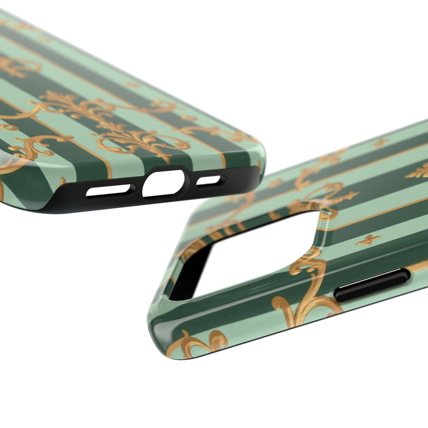 Elegant Floral Tough Phone Cases | Stylish Phone Protection, Gift for Her, Trendy Accessory, Unique Decor - Mint Green & Teal Striped Gold Baroque
