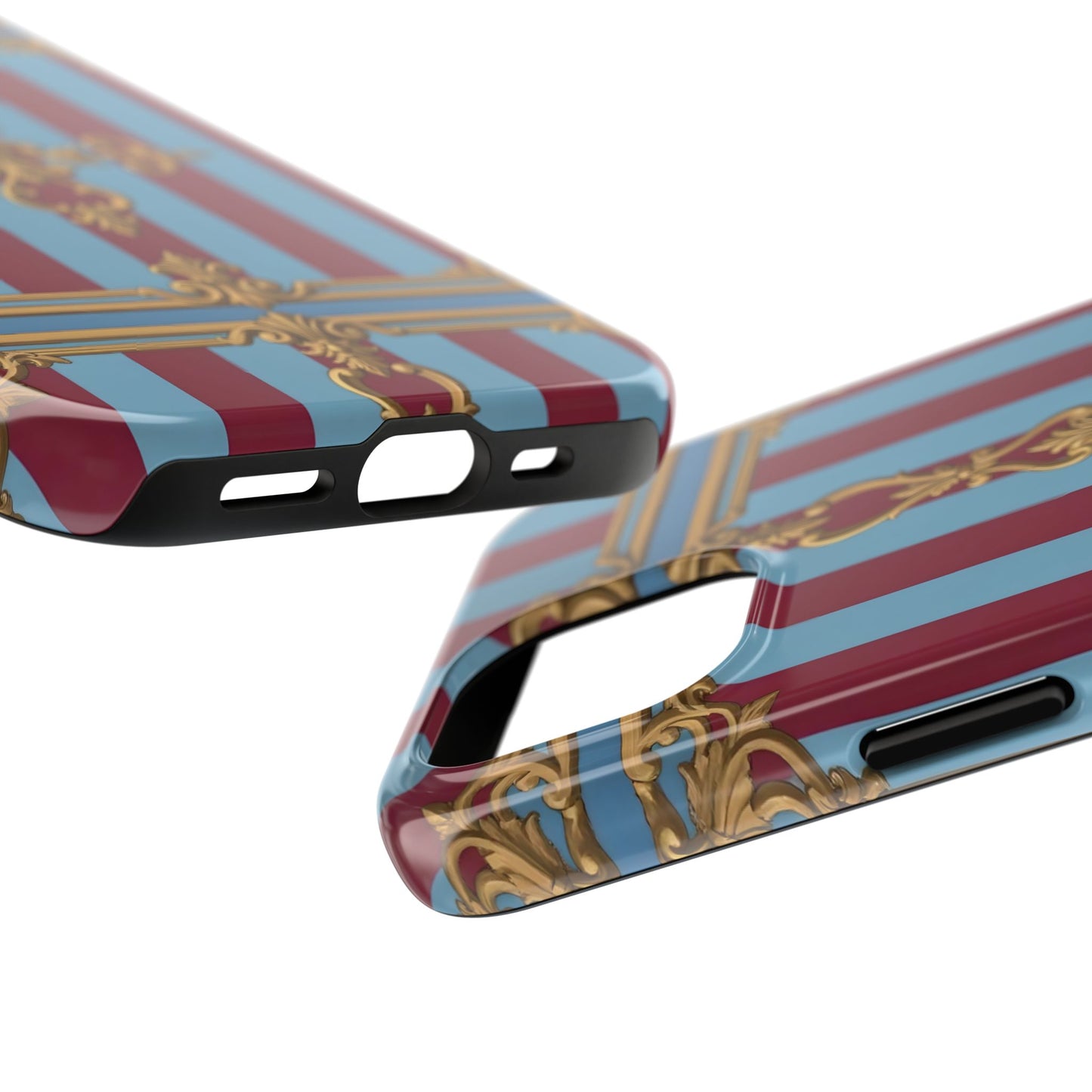 Elegant Patterned Tough Phone Cases, Stylish Phone Cover, Durable Phone Protection, Unique Gift Idea - Sky Blue & Maroon Striped Baroque