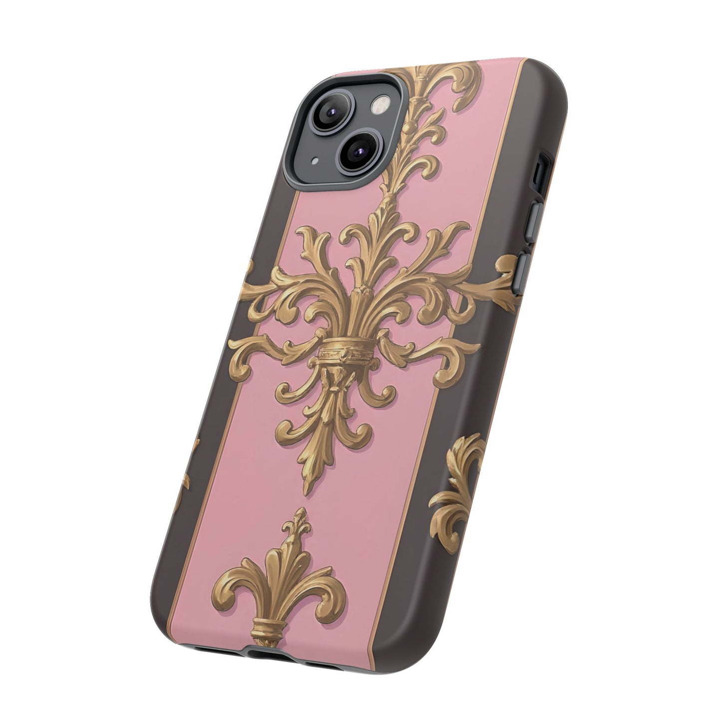 Elegant Floral Motif Phone Case - Tough Cases with Vintage Design - Pink & Brown Striped Gold Damask