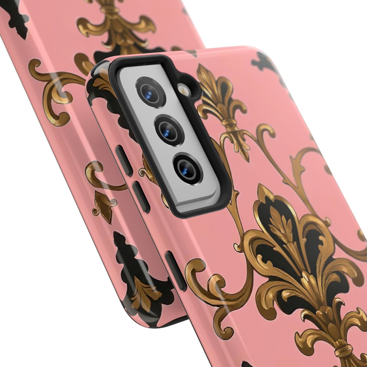Chic Tough Phone Cases with Floral Design, Elegant Phone Cover, Durable Smartphone Case, Stylish Tech Accessory - Pink, Black & Gold Rococo