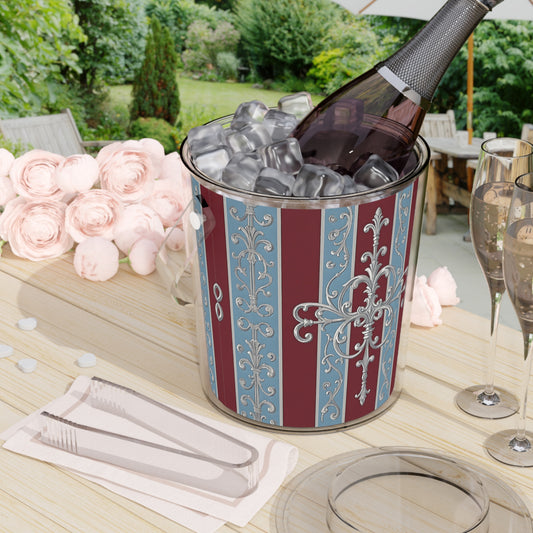 Elegant Vintage Ice Bucket with Tongs - Perfect for Parties and Celebrations - Ice Blue & Burgundy Striped Baroque