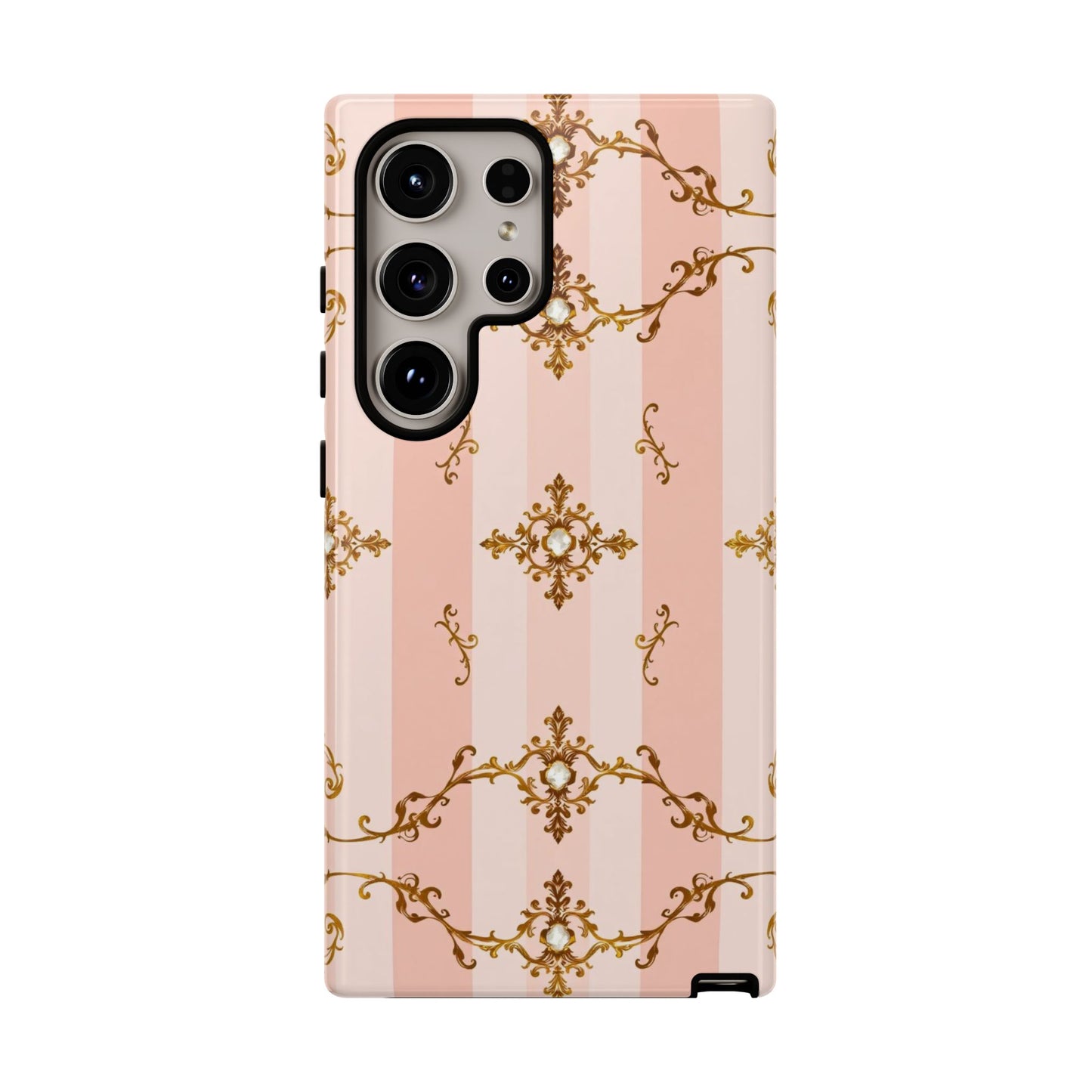 Elegant Floral Phone Case, Tough Cases for Women, Trendy Phone Cover, Chic Gift - Pink Jeweled Striped Gold Baroque