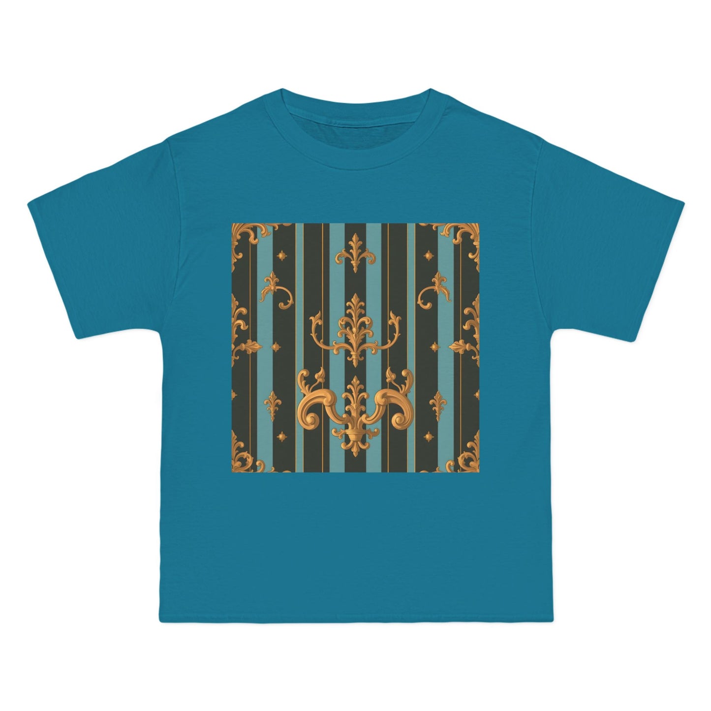 Elegant Vintage Pattern T-Shirt, Stylish Tee for Everyday Wear, Retro Design Shirt, Perfect Gift for Art Lovers - Black & Turquoise Striped Baroque