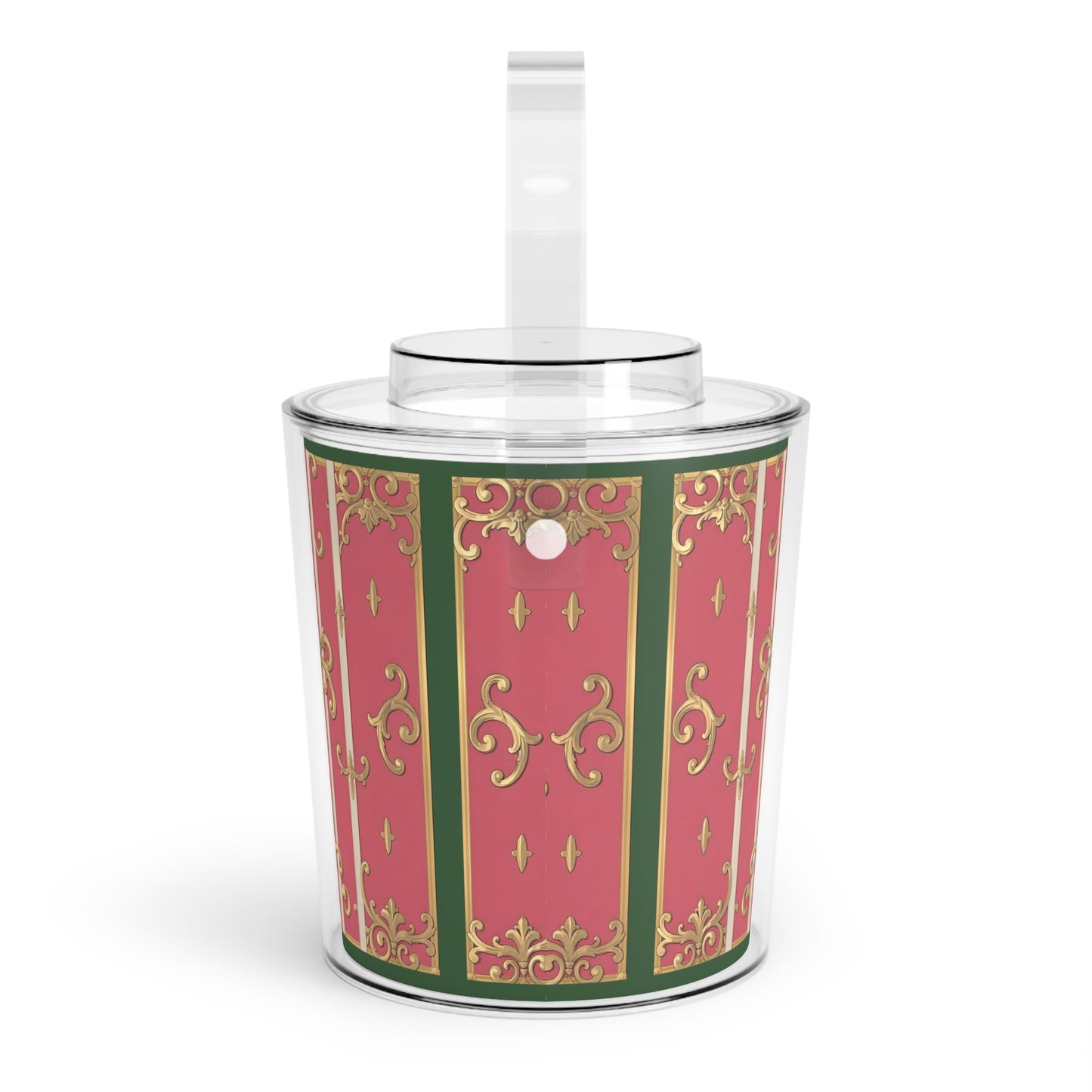 Chic Decorative Green Border Pink Striped Baroque Ice Bucket with Tongs - Elegant Drink Cooler, Party Essential, Holiday Gift