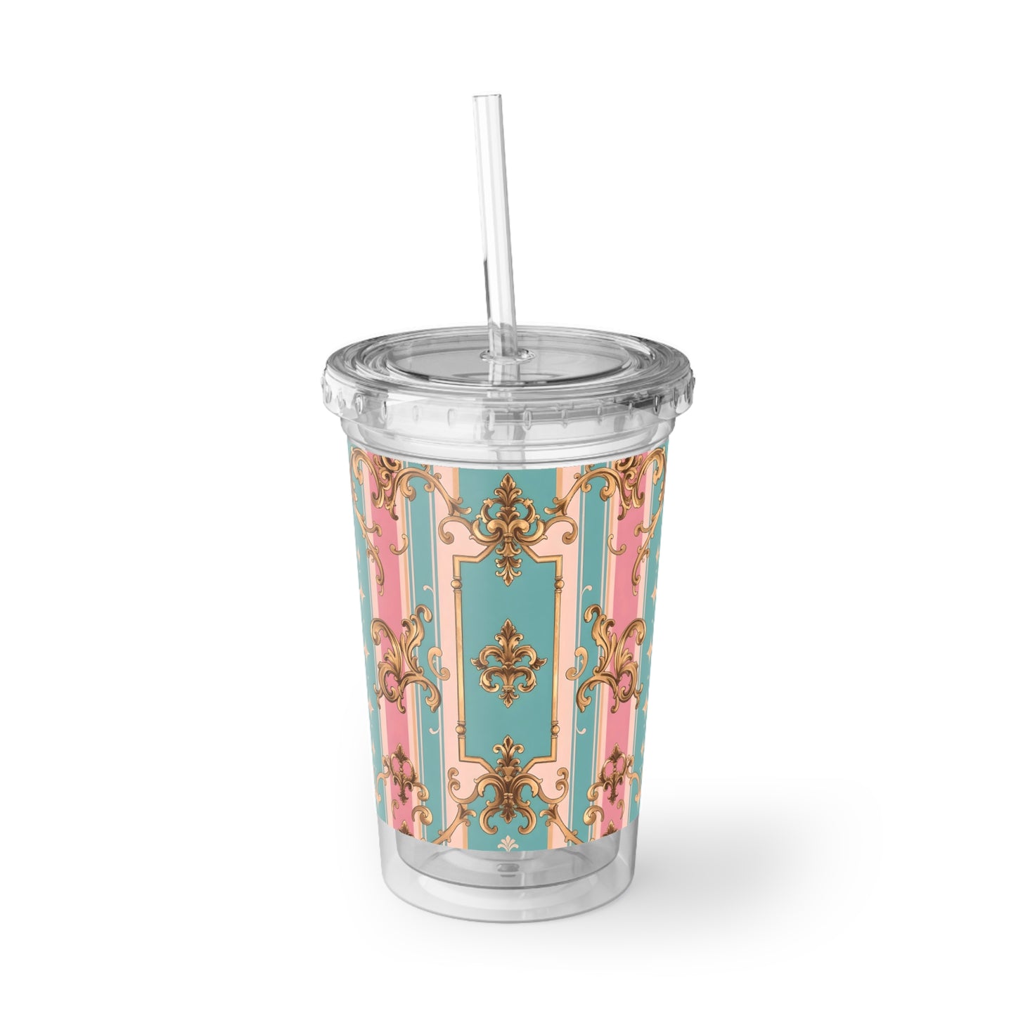 Chic Acrylic Cup, Stylish Drink Tumbler, Elegant Travel Mug, Unique Gift for Her, Floral Party Cup - Pink & Matte Turquoise Striped Rococo