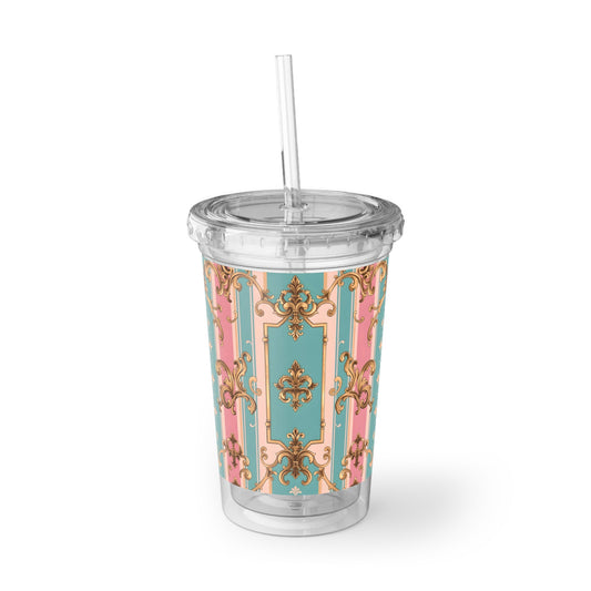 Chic Acrylic Cup, Stylish Drink Tumbler, Elegant Travel Mug, Unique Gift for Her, Floral Party Cup - Pink & Matte Turquoise Striped Rococo