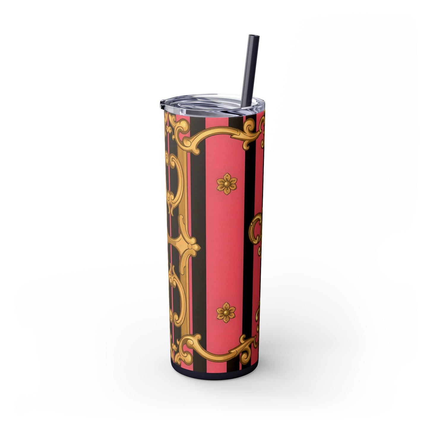 Chic Pink Striped Skinny Tumbler, 20oz | Elegant Travel Mug, Perfect Gift for Birthdays - Pink & Black Striped Gold Baroque