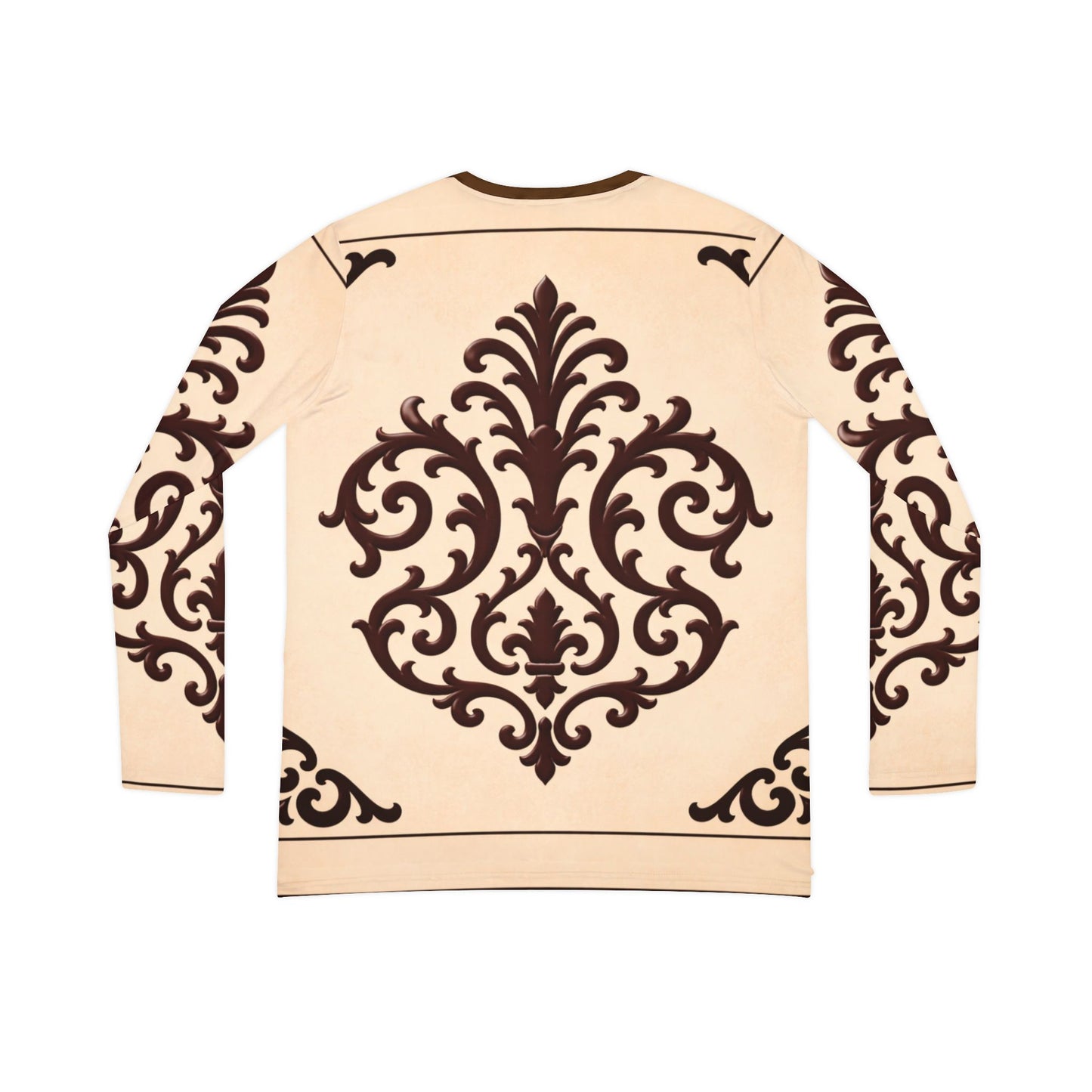 Almond-Beige & Brown Baroque Women's V-Neck Long Sleeve Shirt — Elegant Baroque Scroll Print