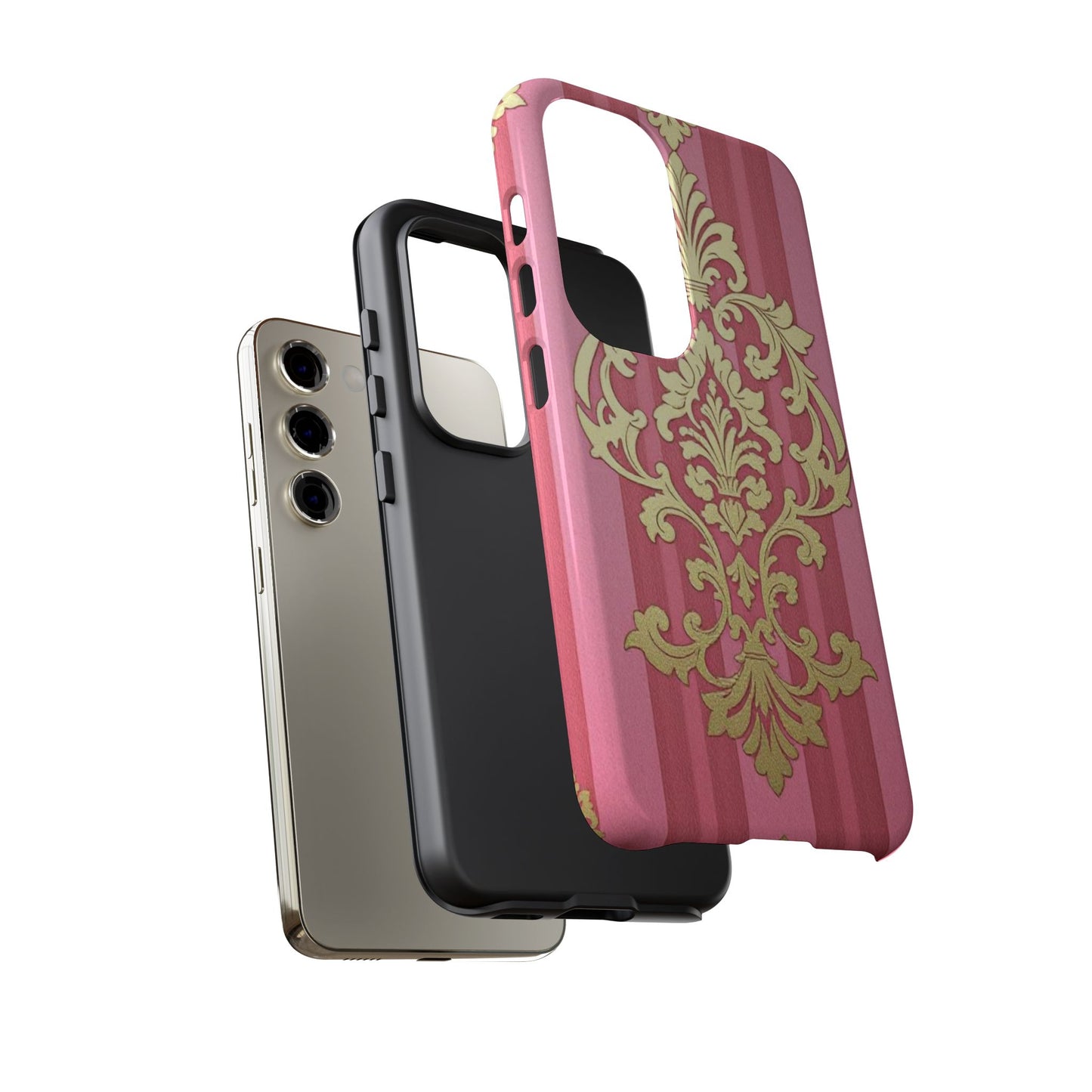 Elegant Floral Motif Phone Case - Tough Cases with Vintage Design - Pink Striped Damask