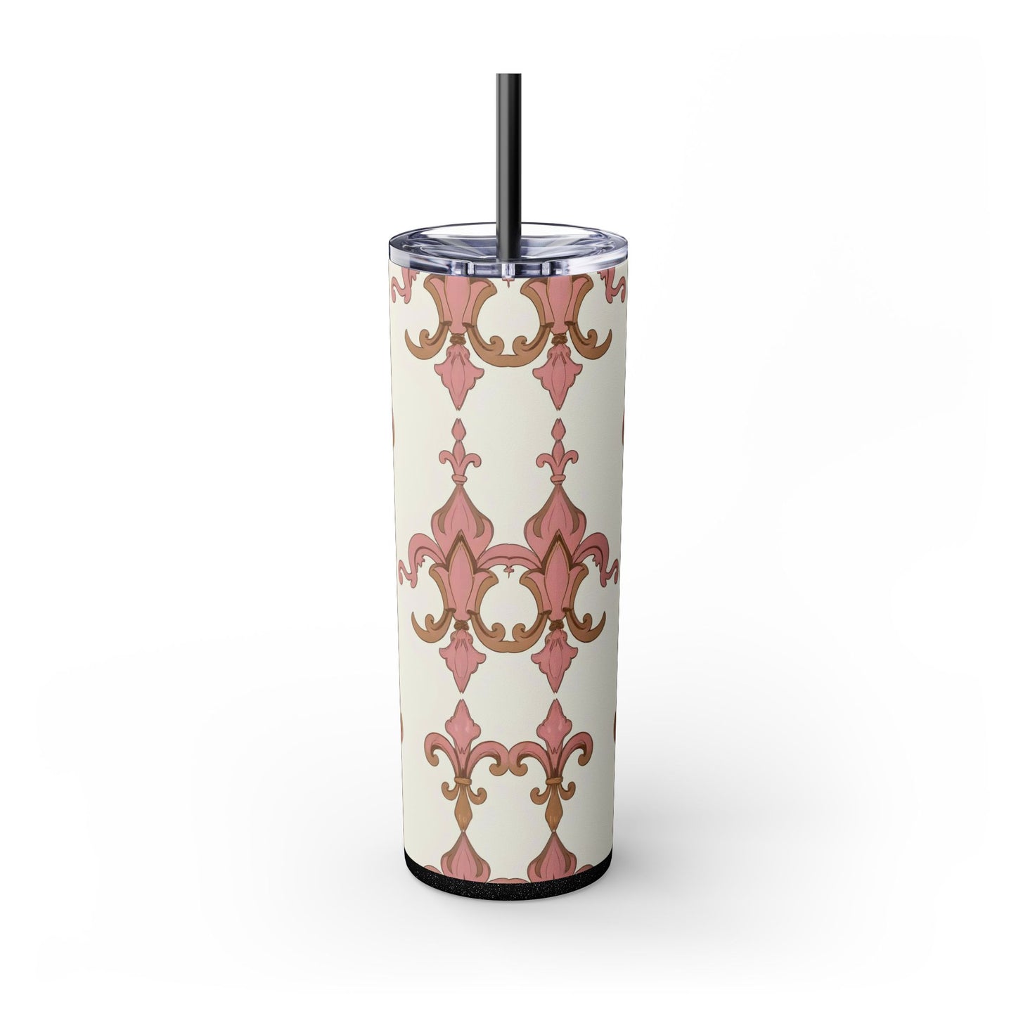 Elegant Floral Skinny Tumbler, 20oz Drinkware, Stylish Travel Mug, Wedding Gift, Personalized Gift, Eco-Friendly Cup - Brown Striped Pink Arabesque
