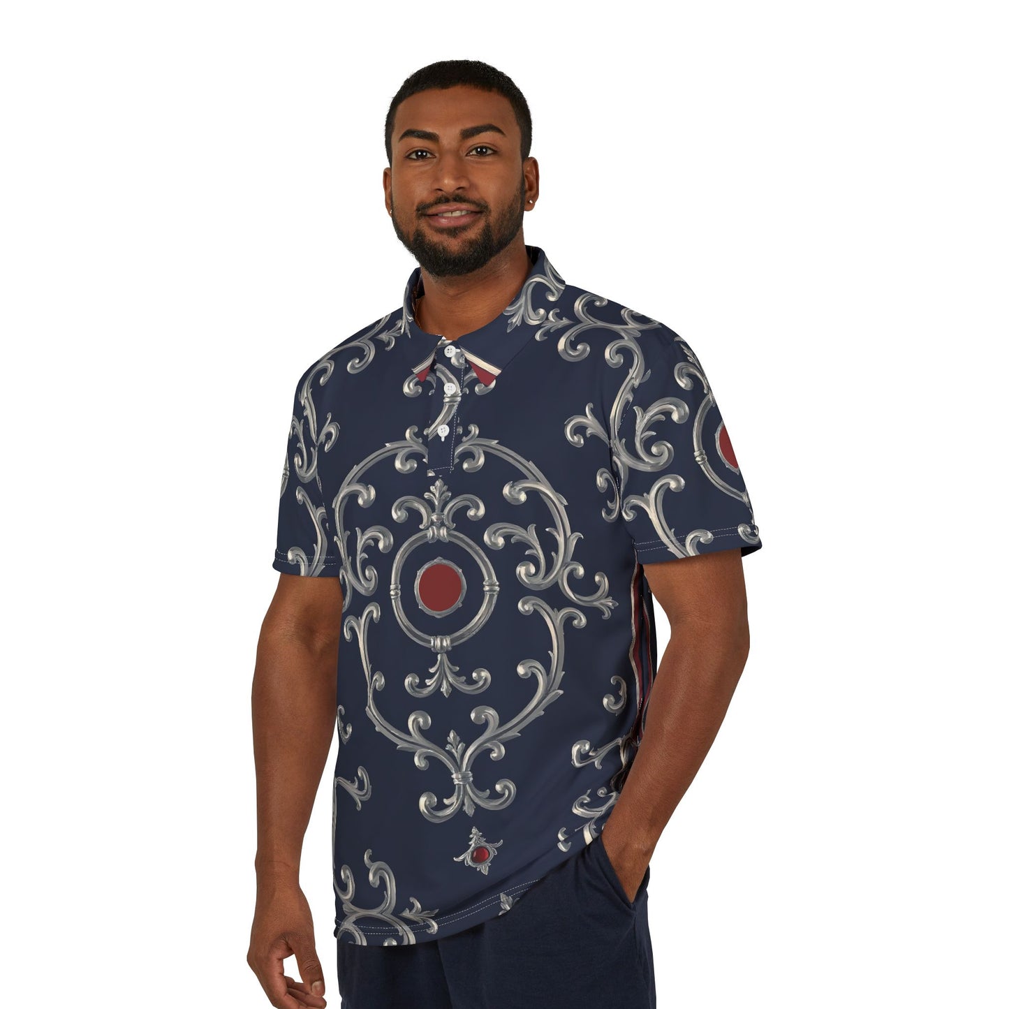 Elegant Unisex Polo Shirt – Stylish Casual Wear, Summer Fashion, Gifts for Him, Unique Gifts - Blue & Red Striped Silver Baroque